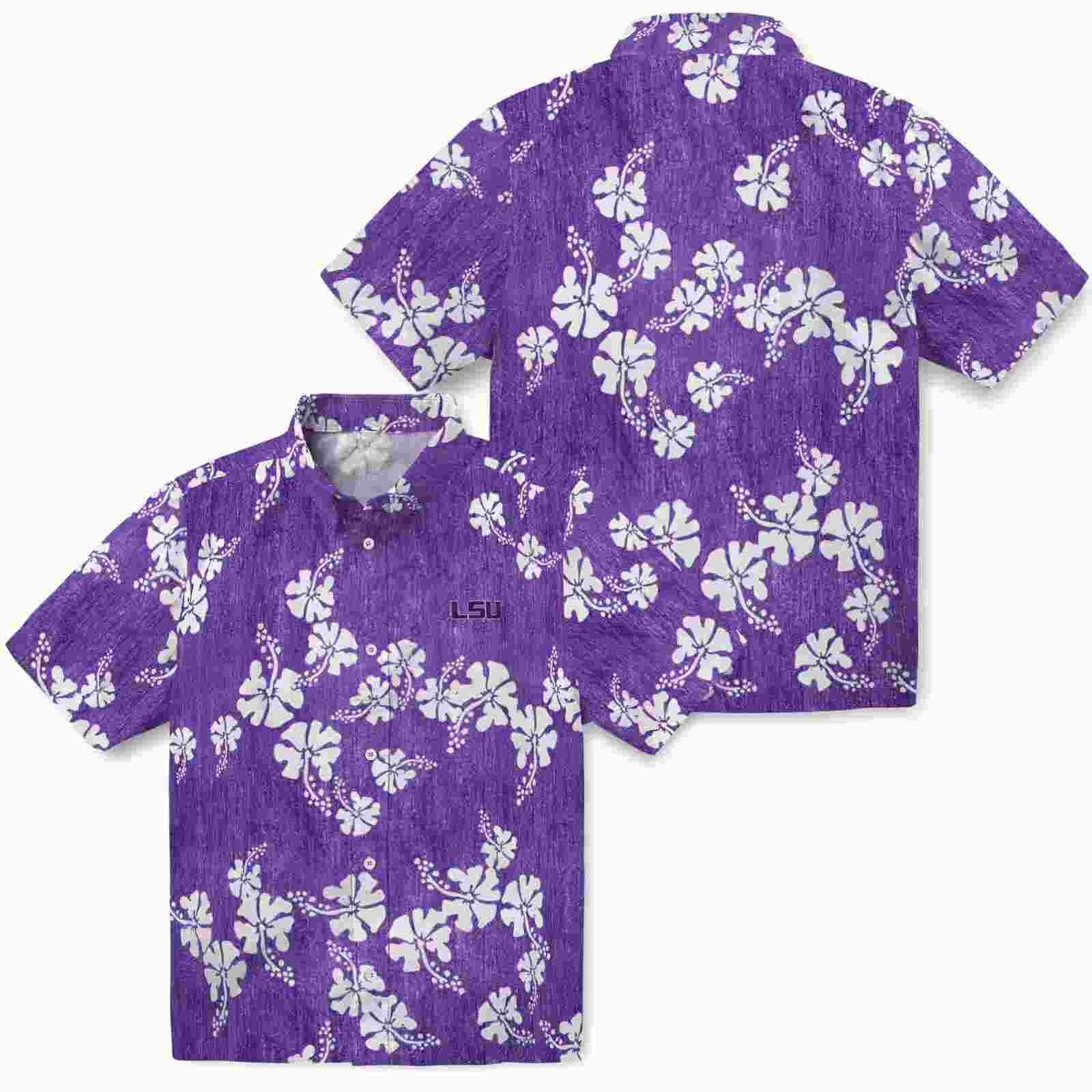 lsu tigers hibiscus clusters purple hawaiian shirt high quality