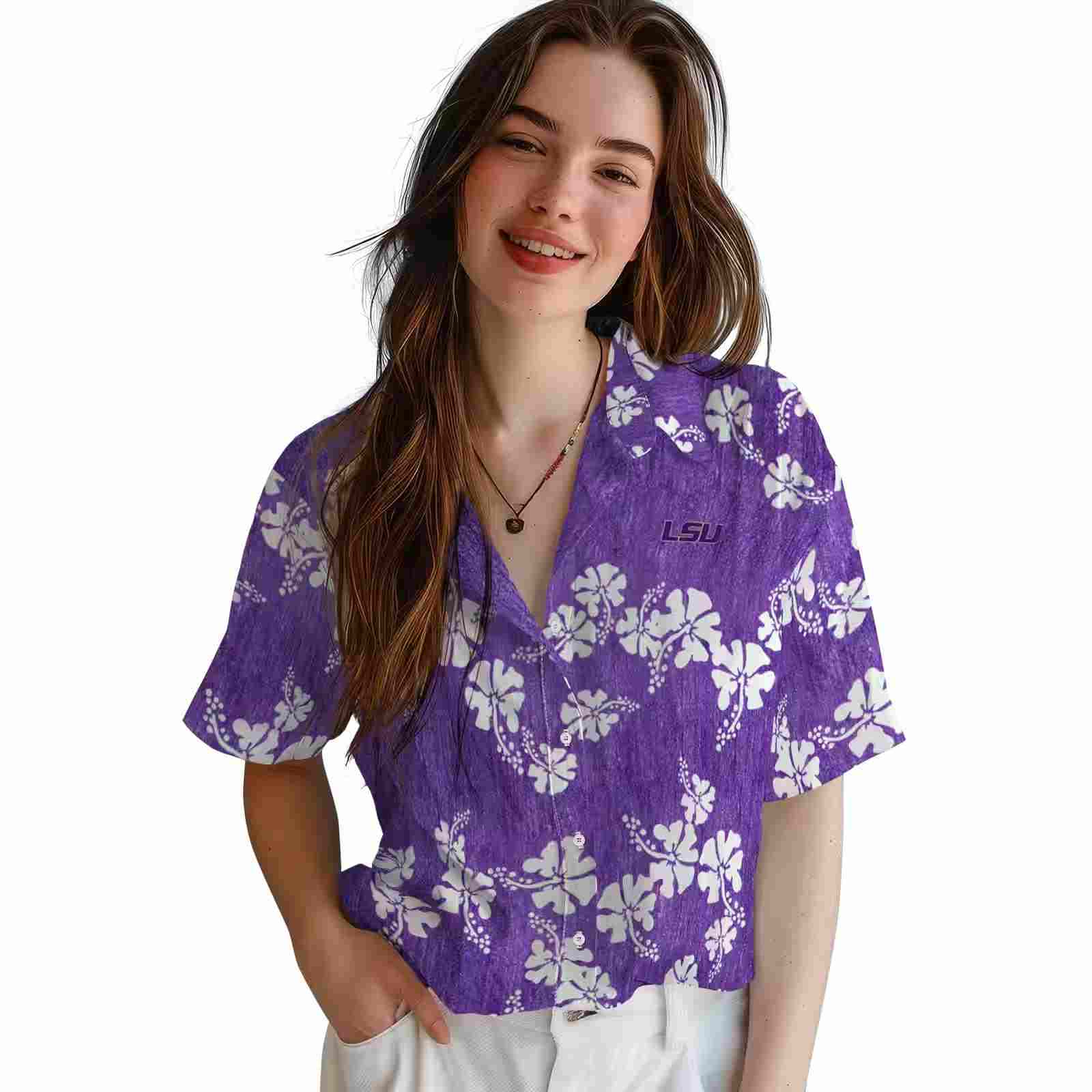 lsu tigers hibiscus clusters purple hawaiian shirt latest model