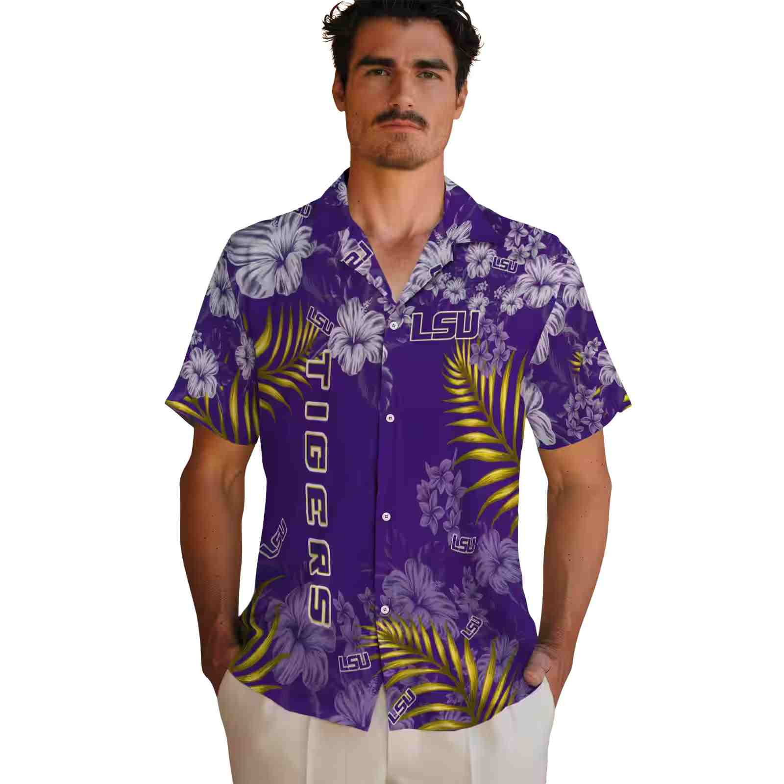 lsu tigers hibiscus print purple hawaiian shirt fashion forward