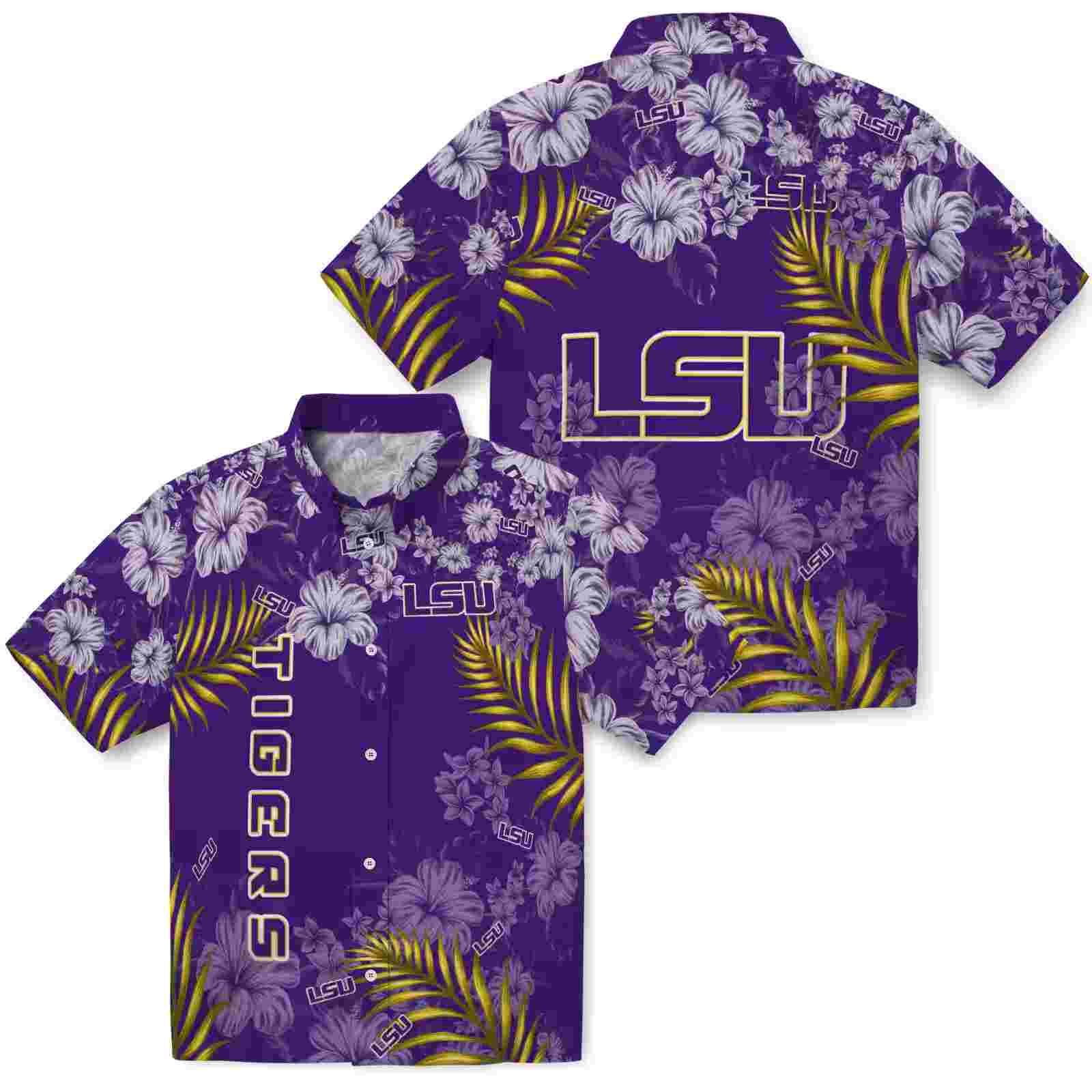 lsu tigers hibiscus print purple hawaiian shirt high quality