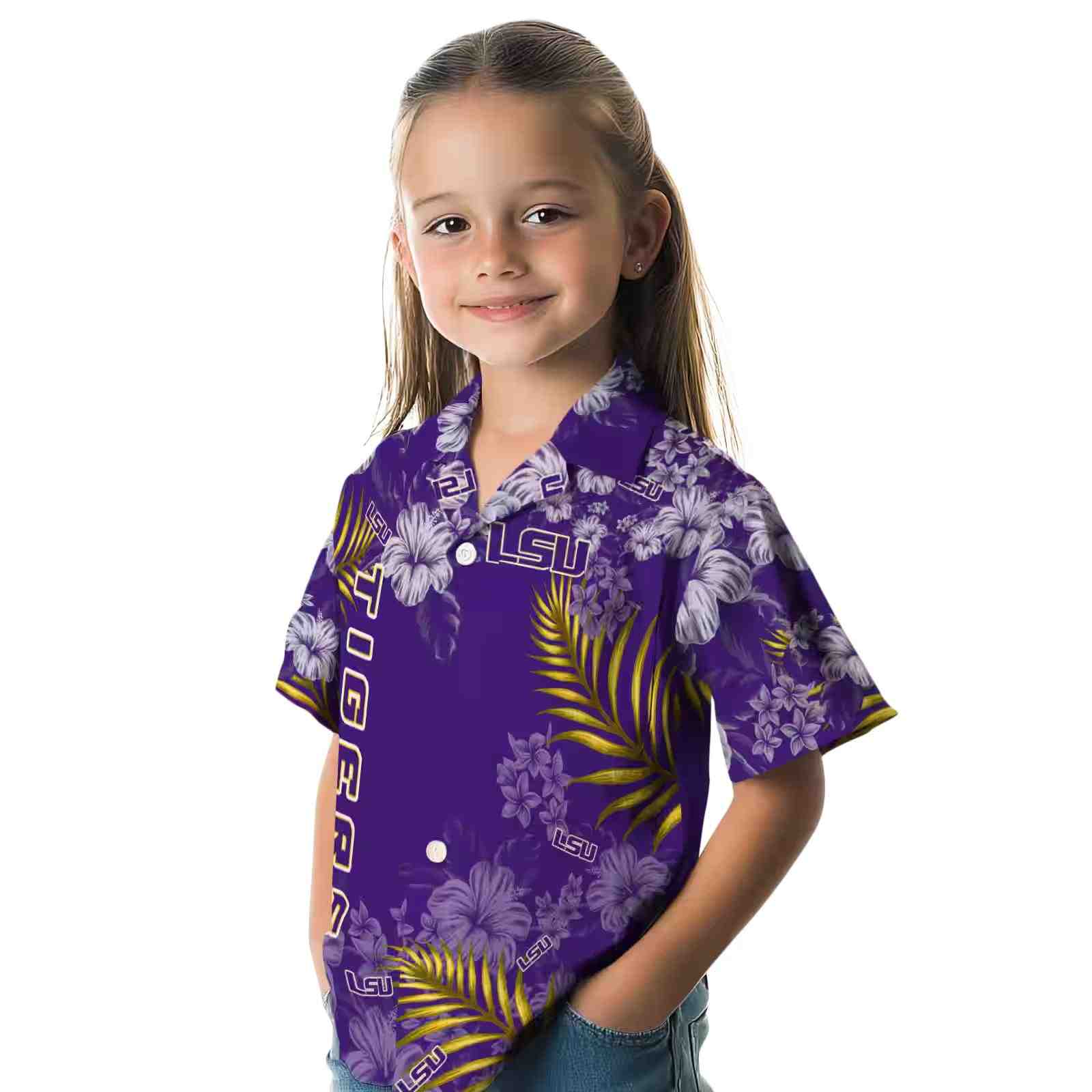 lsu tigers hibiscus print purple hawaiian shirt premium grade