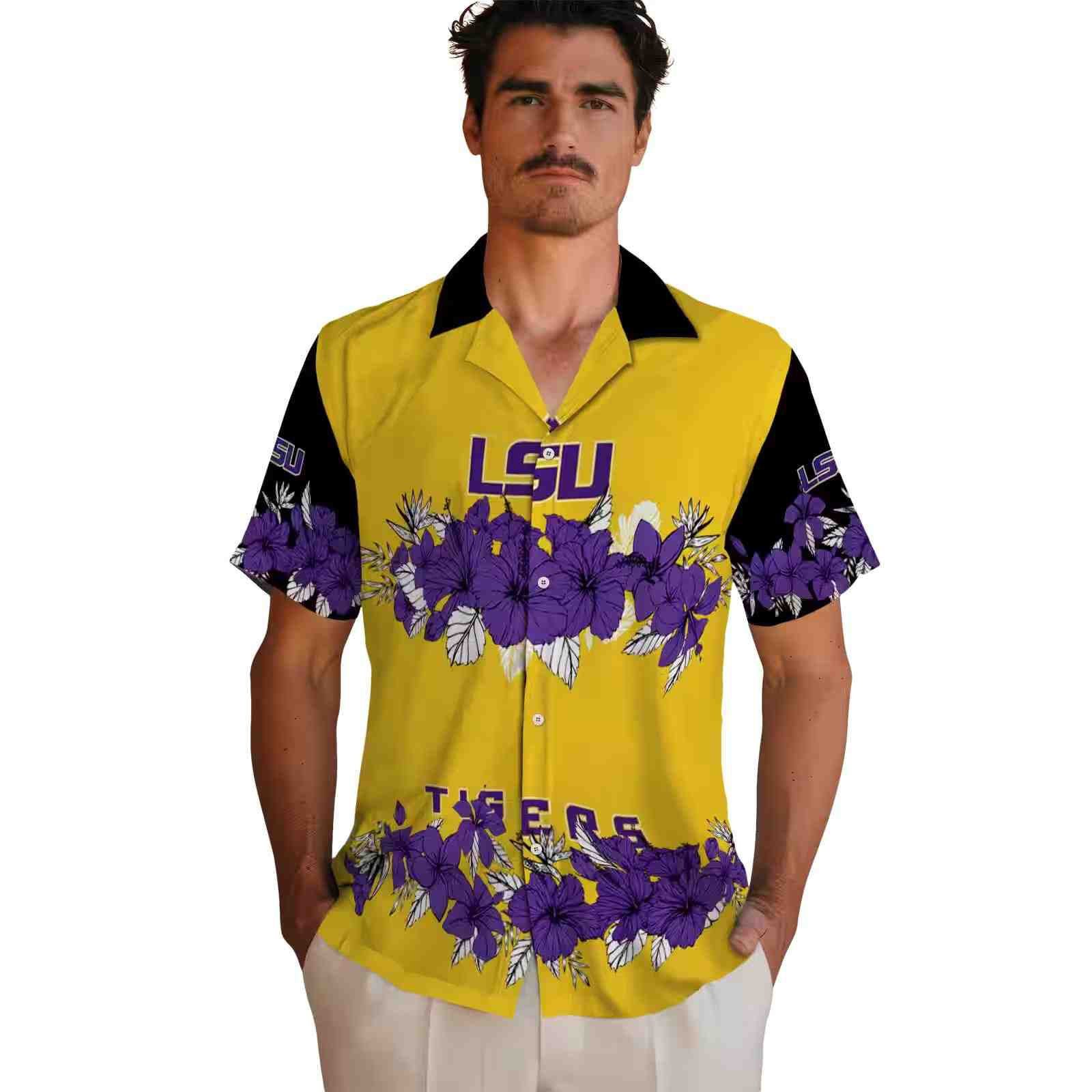 lsu tigers hibiscus stripe purple black hawaiian shirt fashion forward