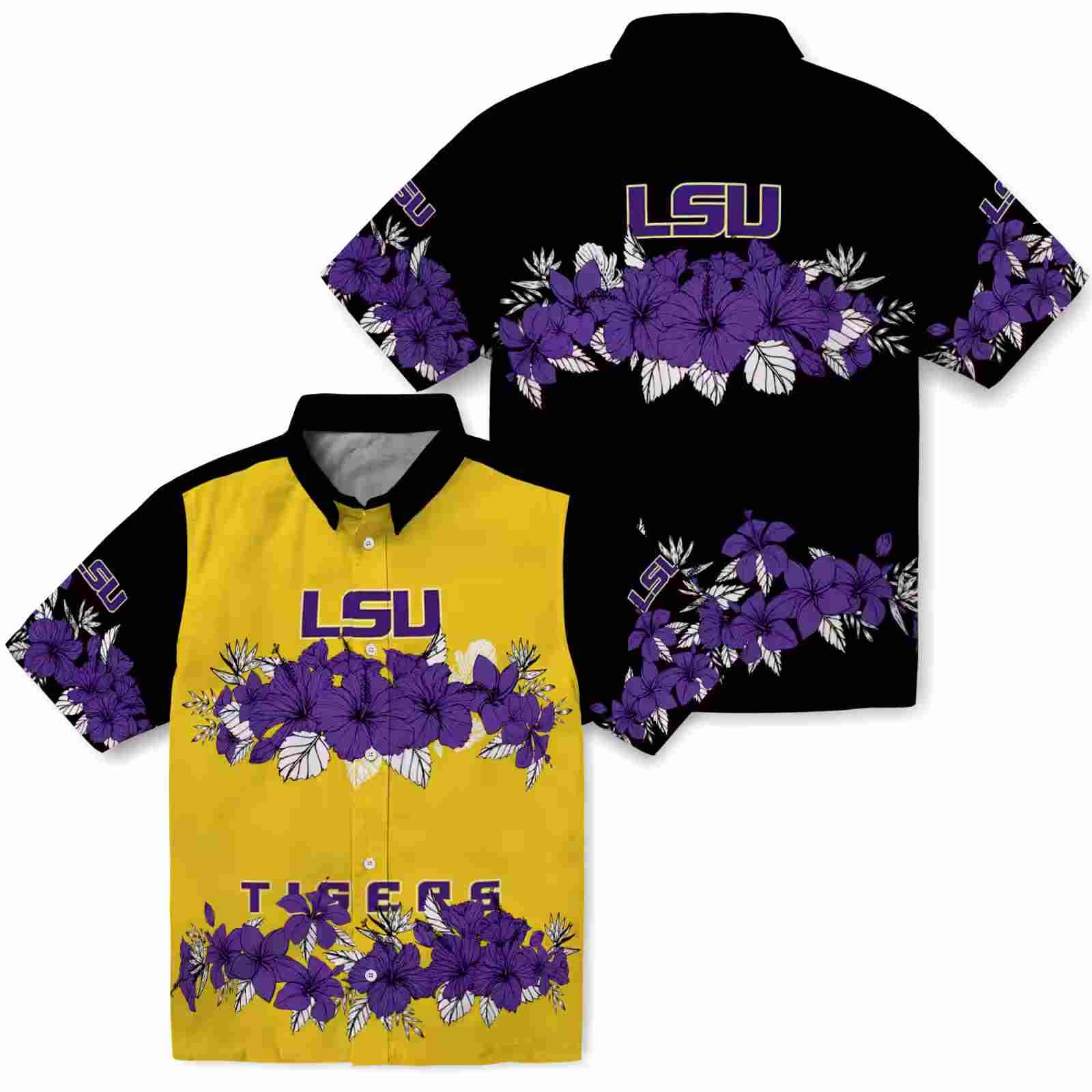 lsu tigers hibiscus stripe purple black hawaiian shirt high quality