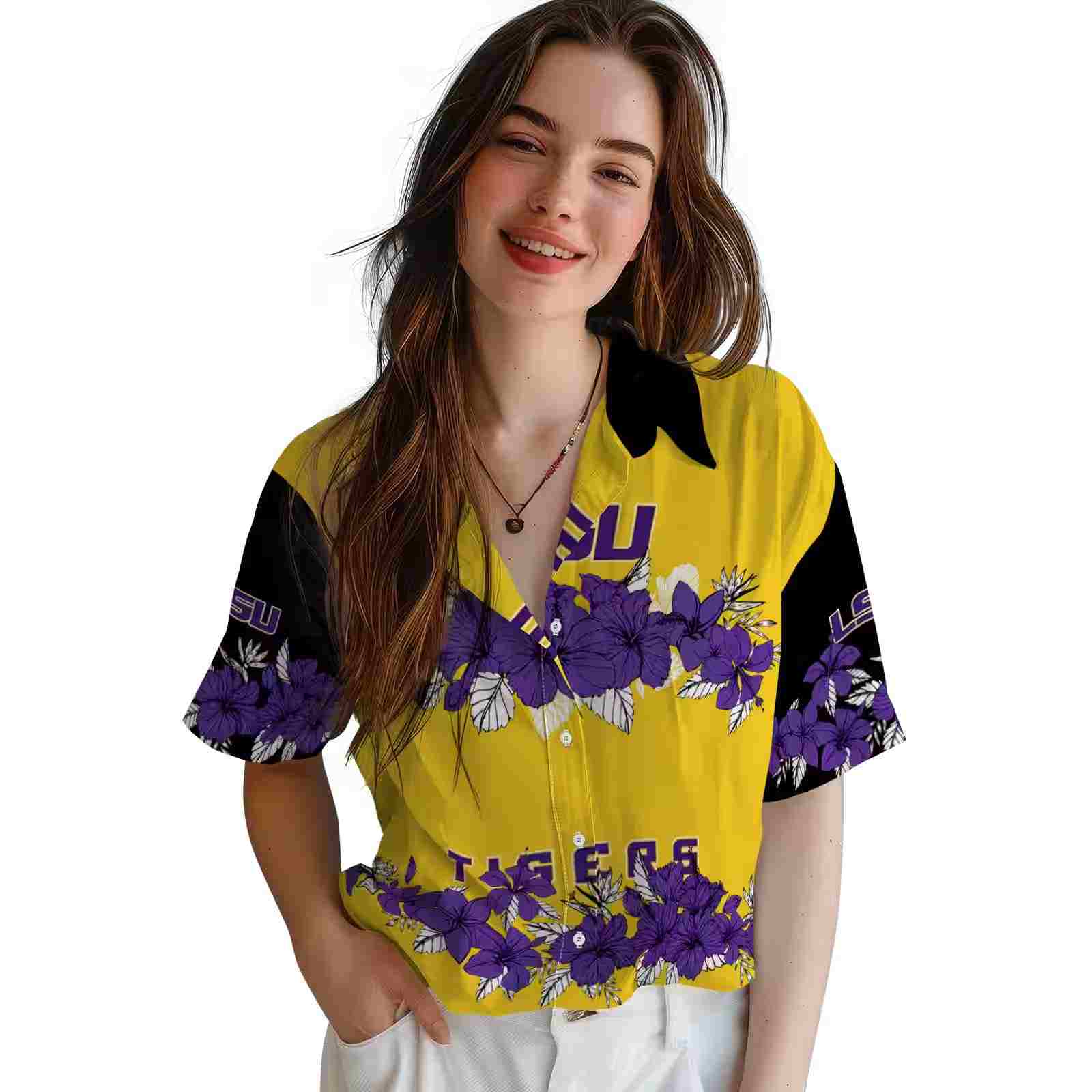 lsu tigers hibiscus stripe purple black hawaiian shirt latest model