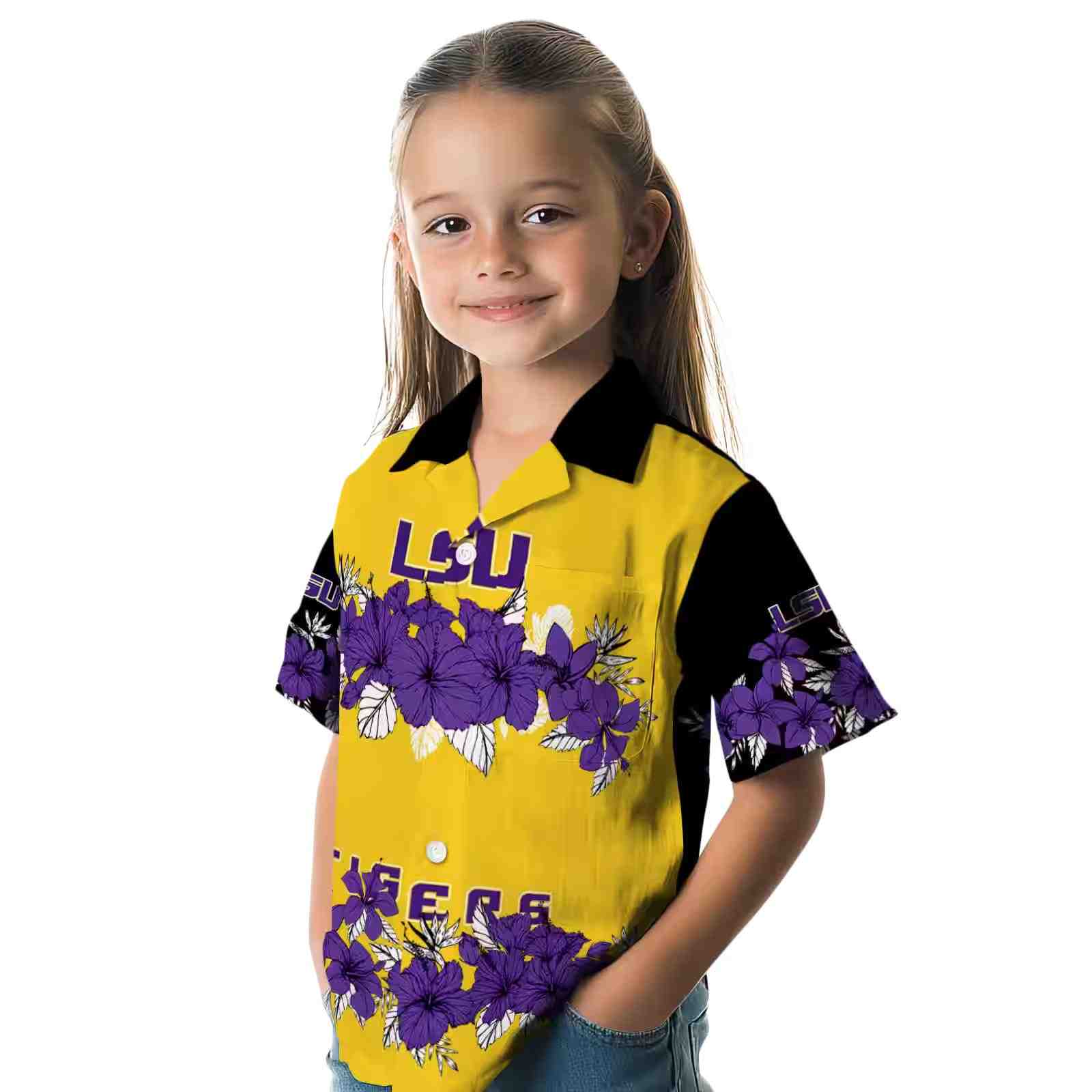 lsu tigers hibiscus stripe purple black hawaiian shirt premium grade