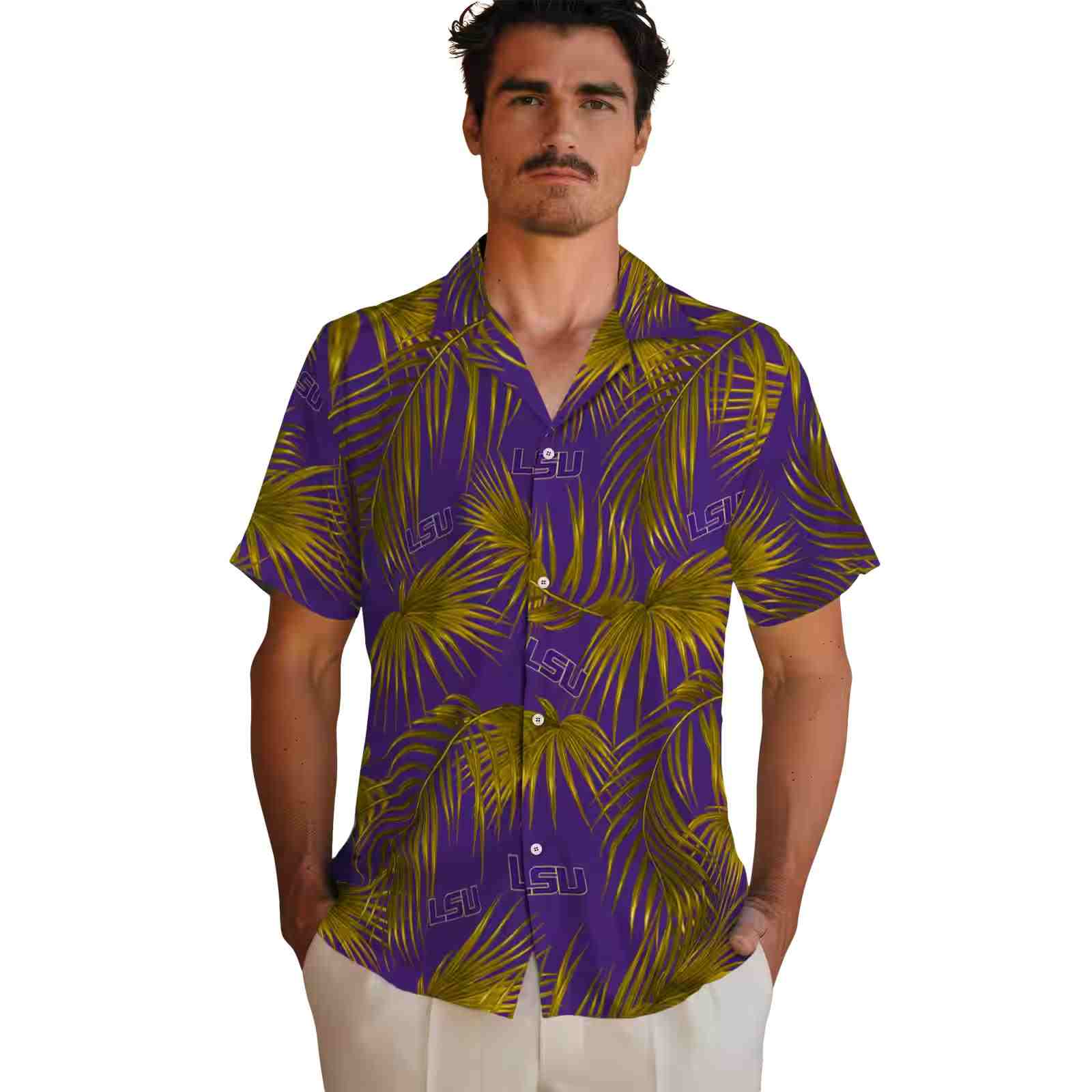 lsu tigers leafy palms purple hawaiian shirt fashion forward