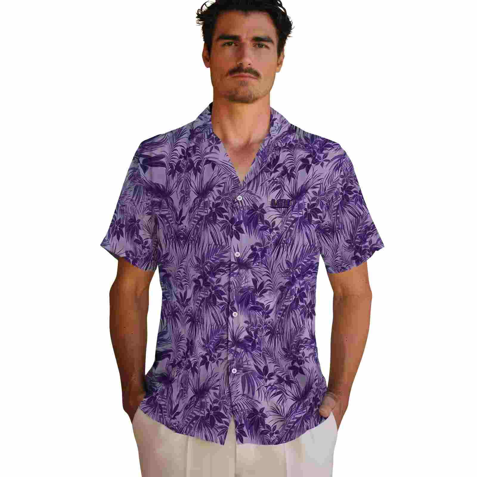 lsu tigers leafy pattern purple hawaiian shirt fashion forward