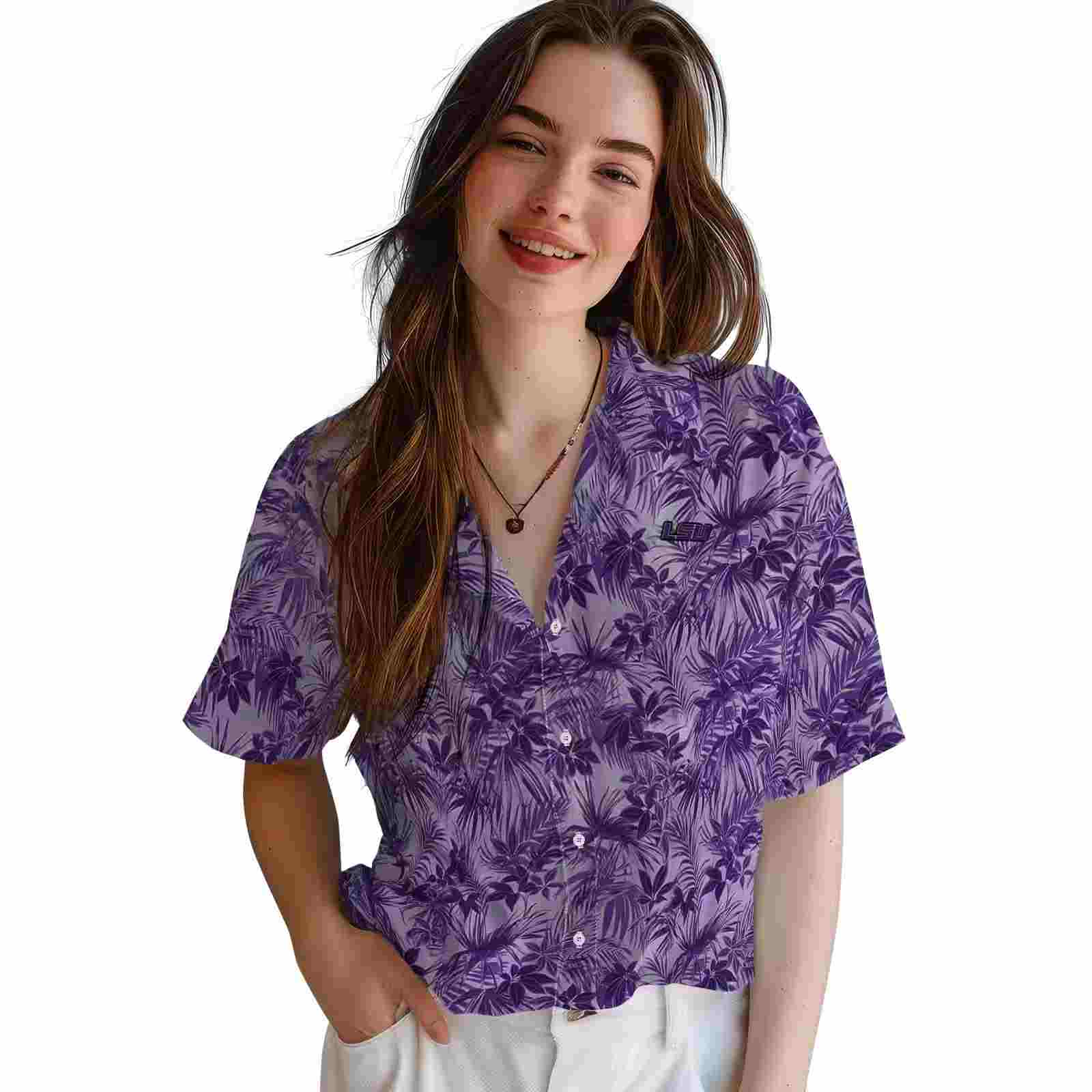 lsu tigers leafy pattern purple hawaiian shirt latest model