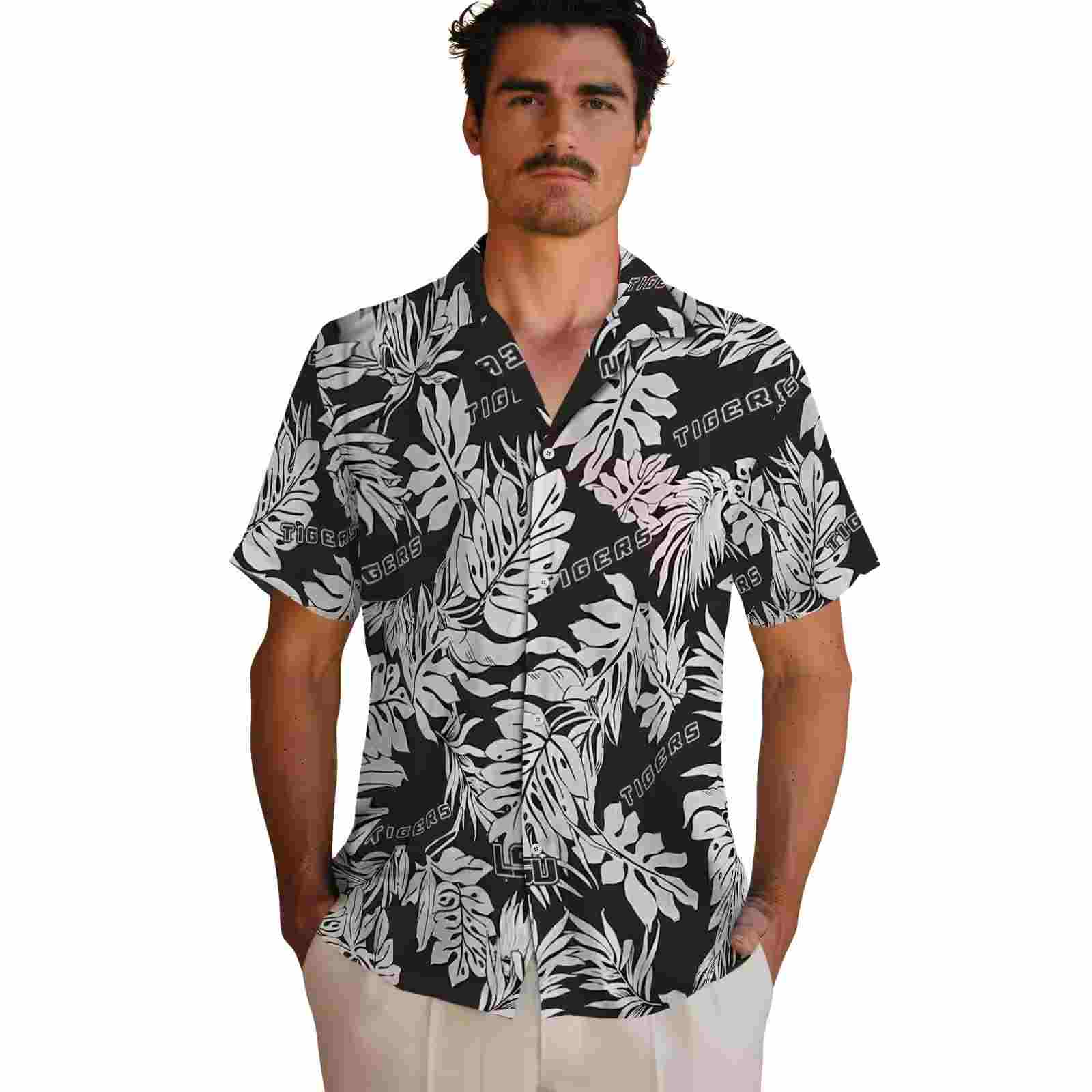 lsu tigers monstera leaf pattern black hawaiian shirt fashion forward