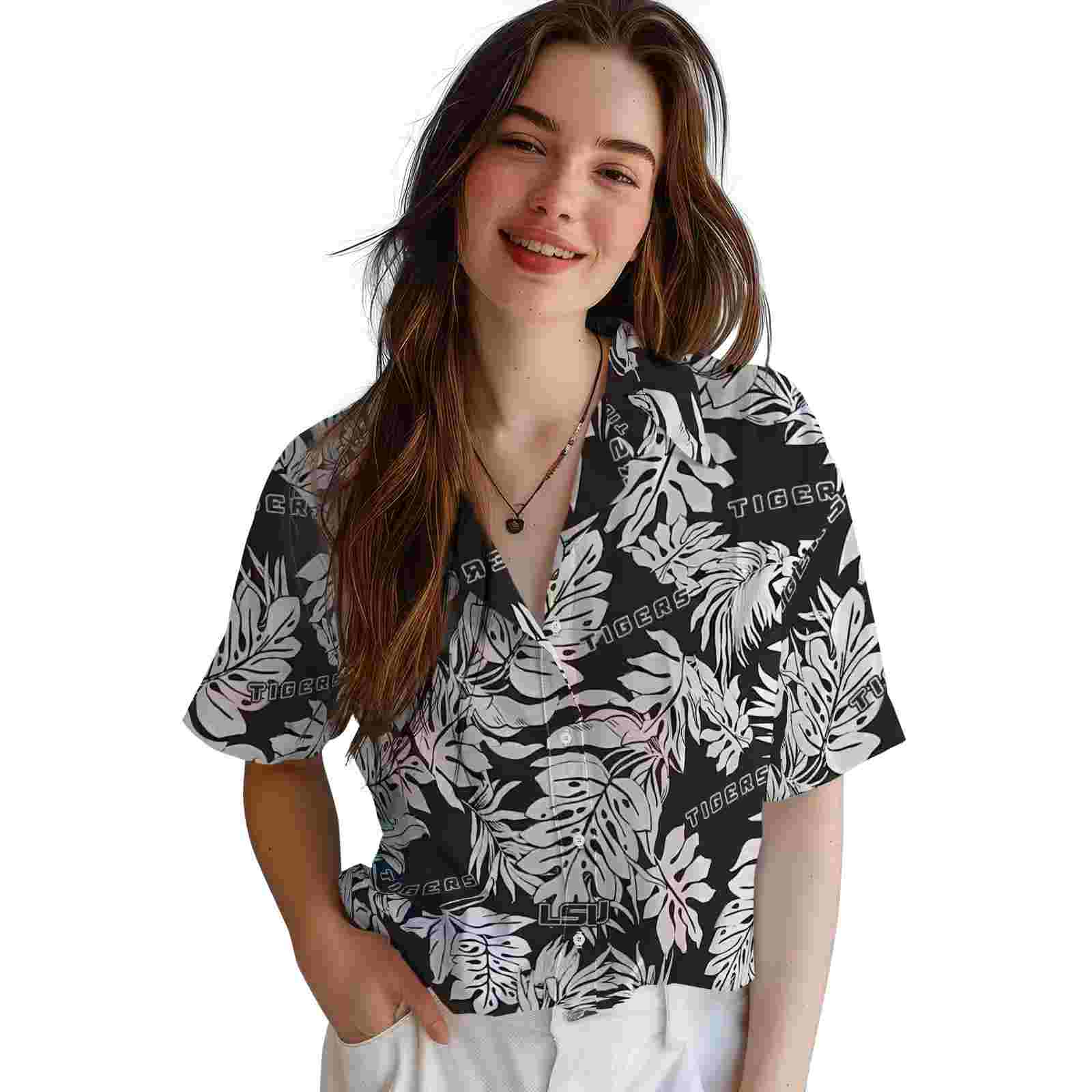 lsu tigers monstera leaf pattern black hawaiian shirt latest model