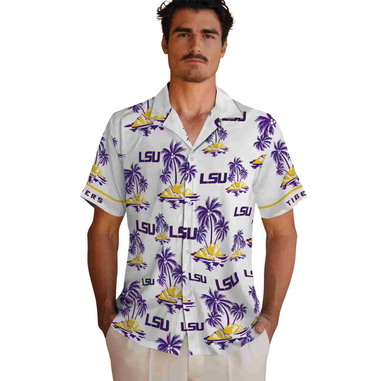 lsu tigers palm island print purple white hawaiian shirt fashion forward