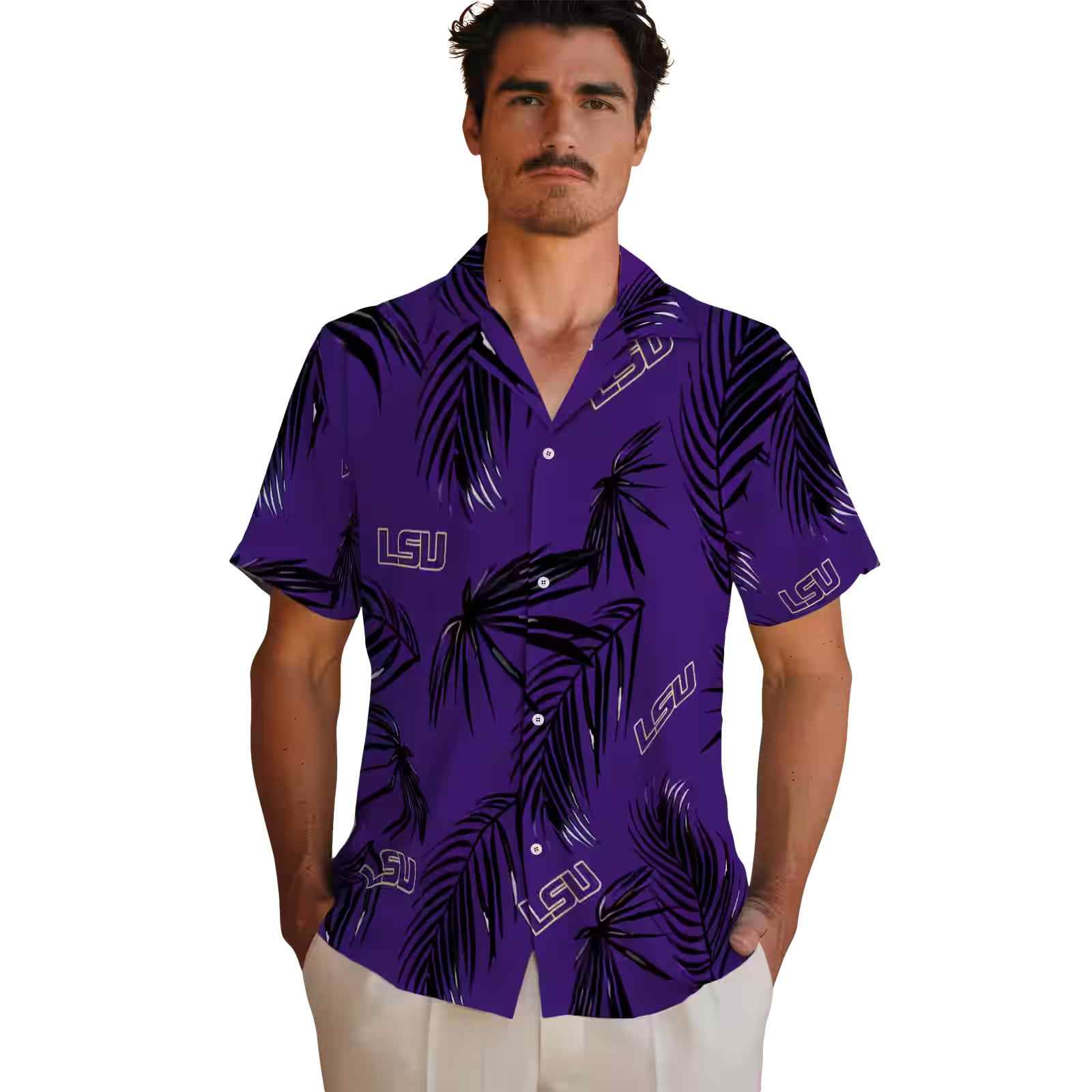 lsu tigers palm leaf purple hawaiian shirt fashion forward