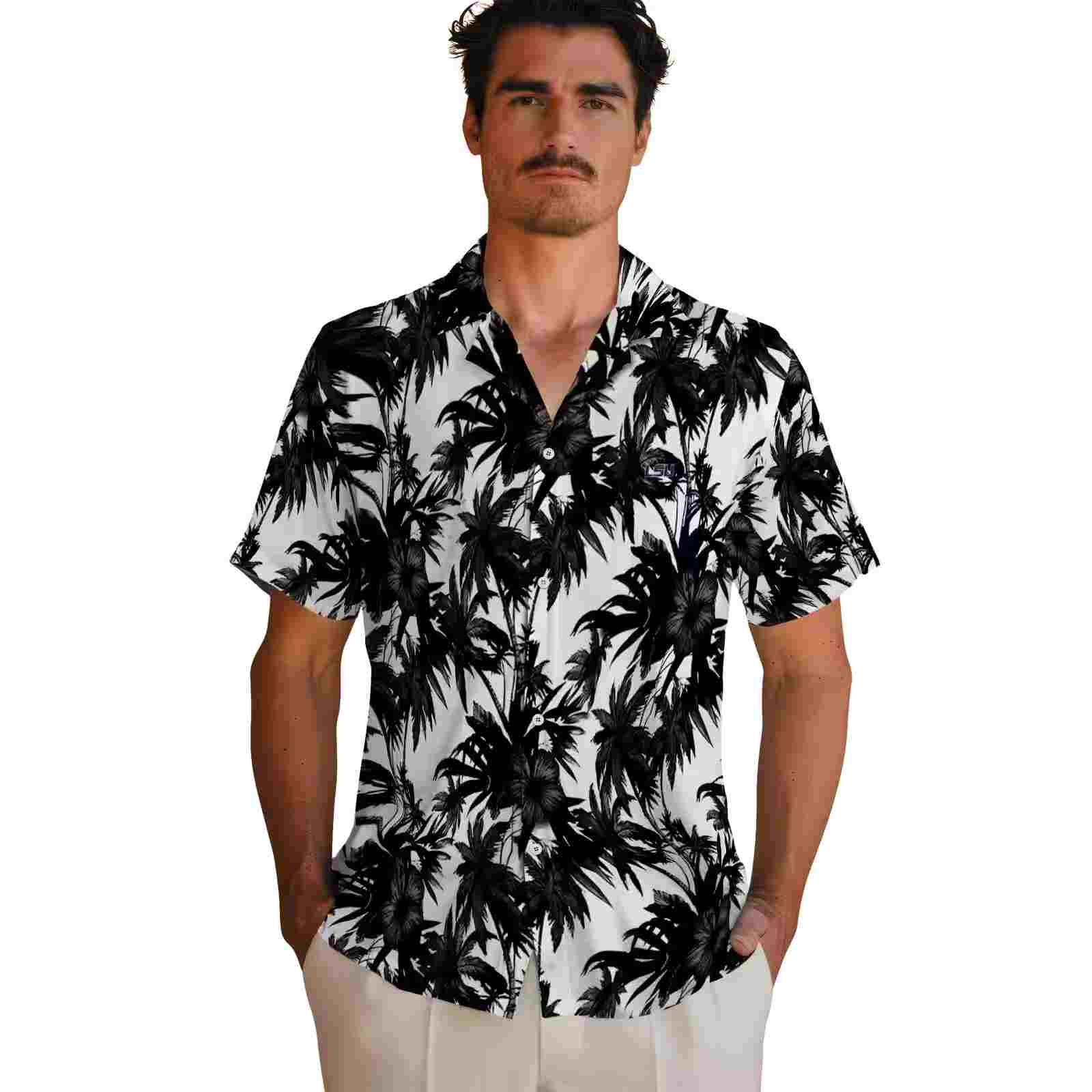 lsu tigers palm motifs black white hawaiian shirt fashion forward