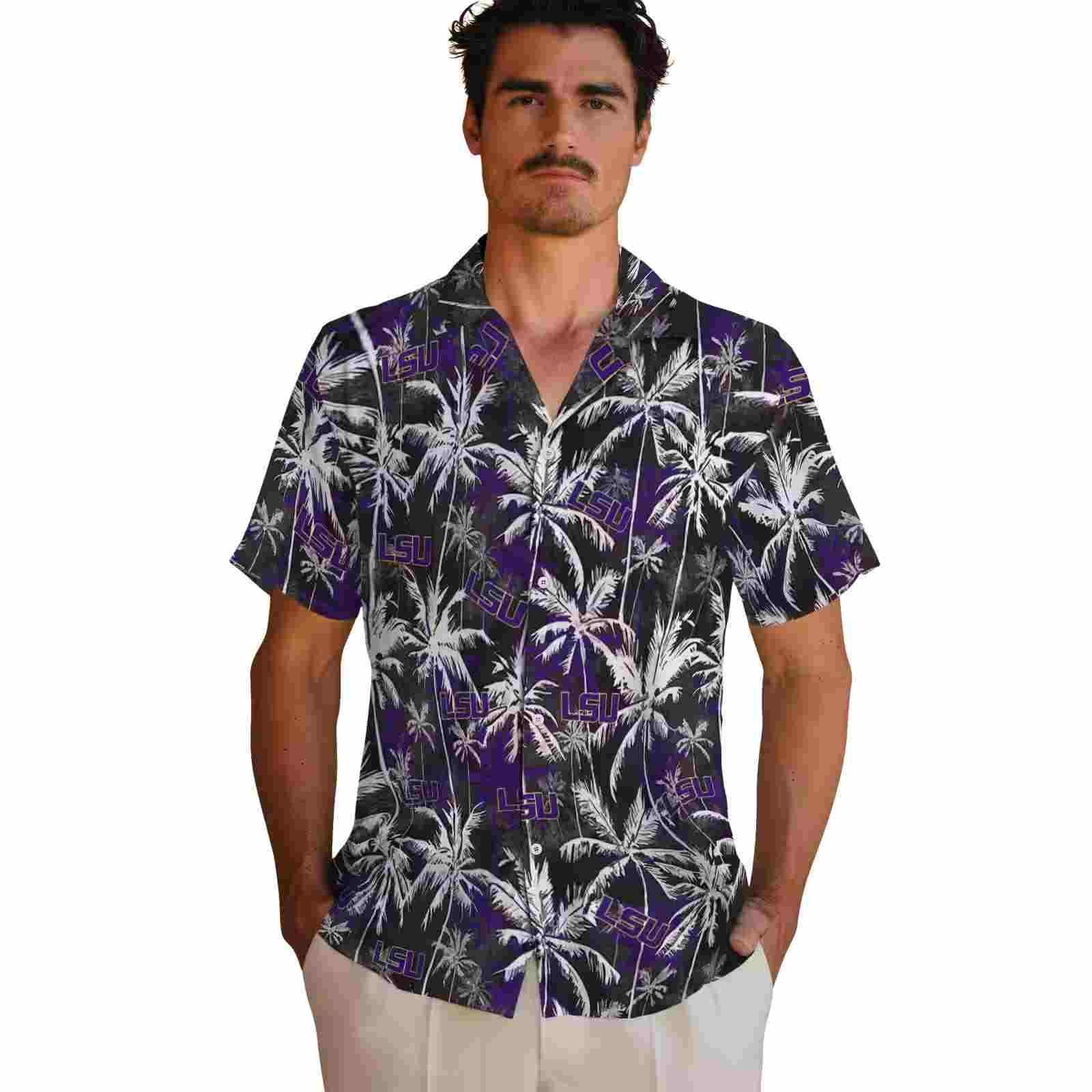 lsu tigers palm pattern purple black hawaiian shirt fashion forward