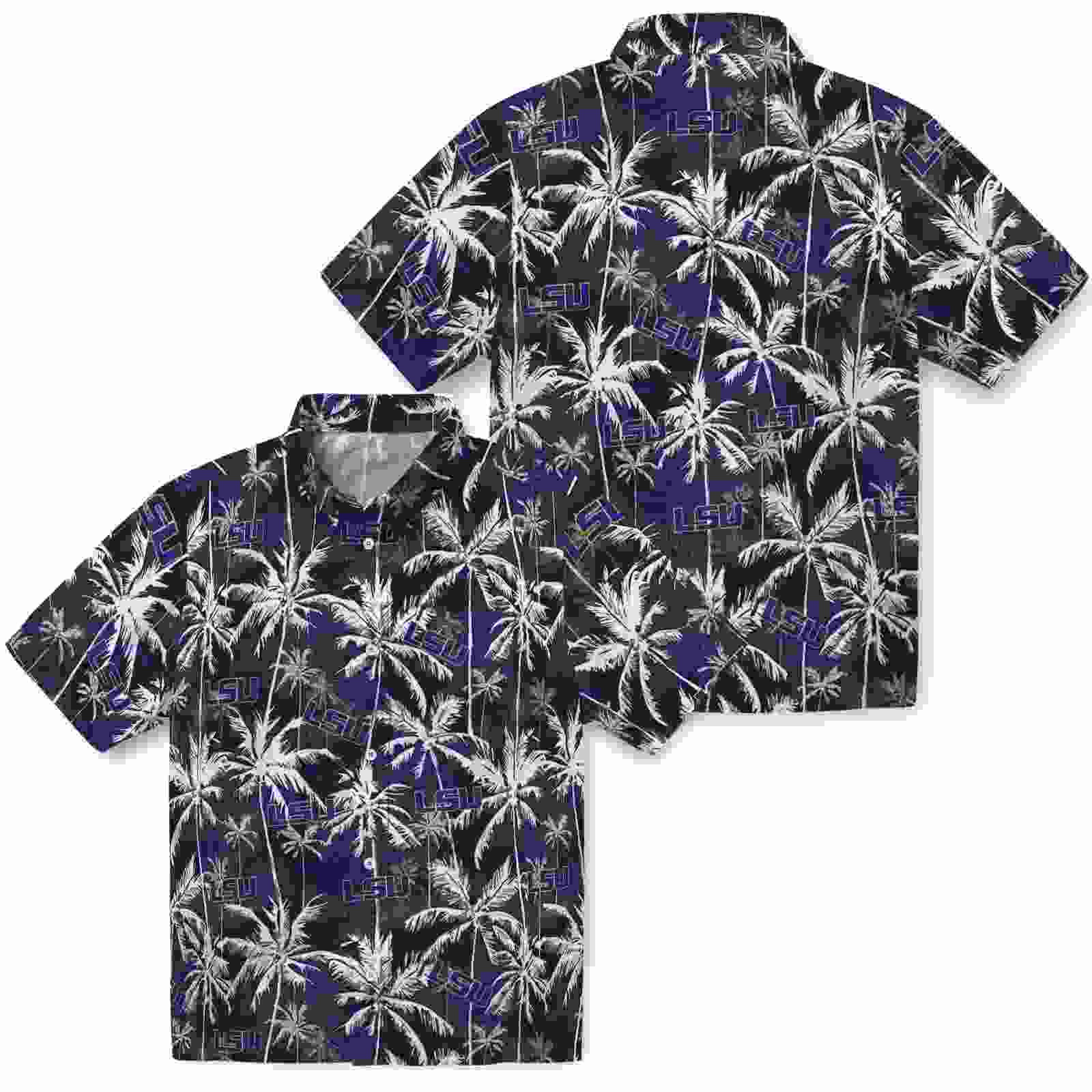 lsu tigers palm pattern purple black hawaiian shirt high quality