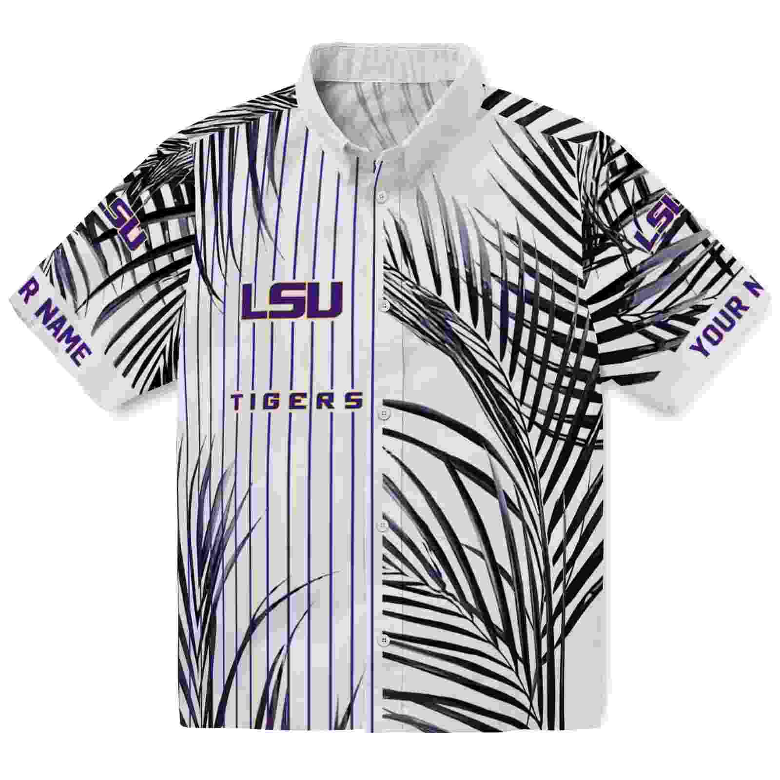 LSU Tigers Palm Stripes Purple Black White Hawaiian Shirt