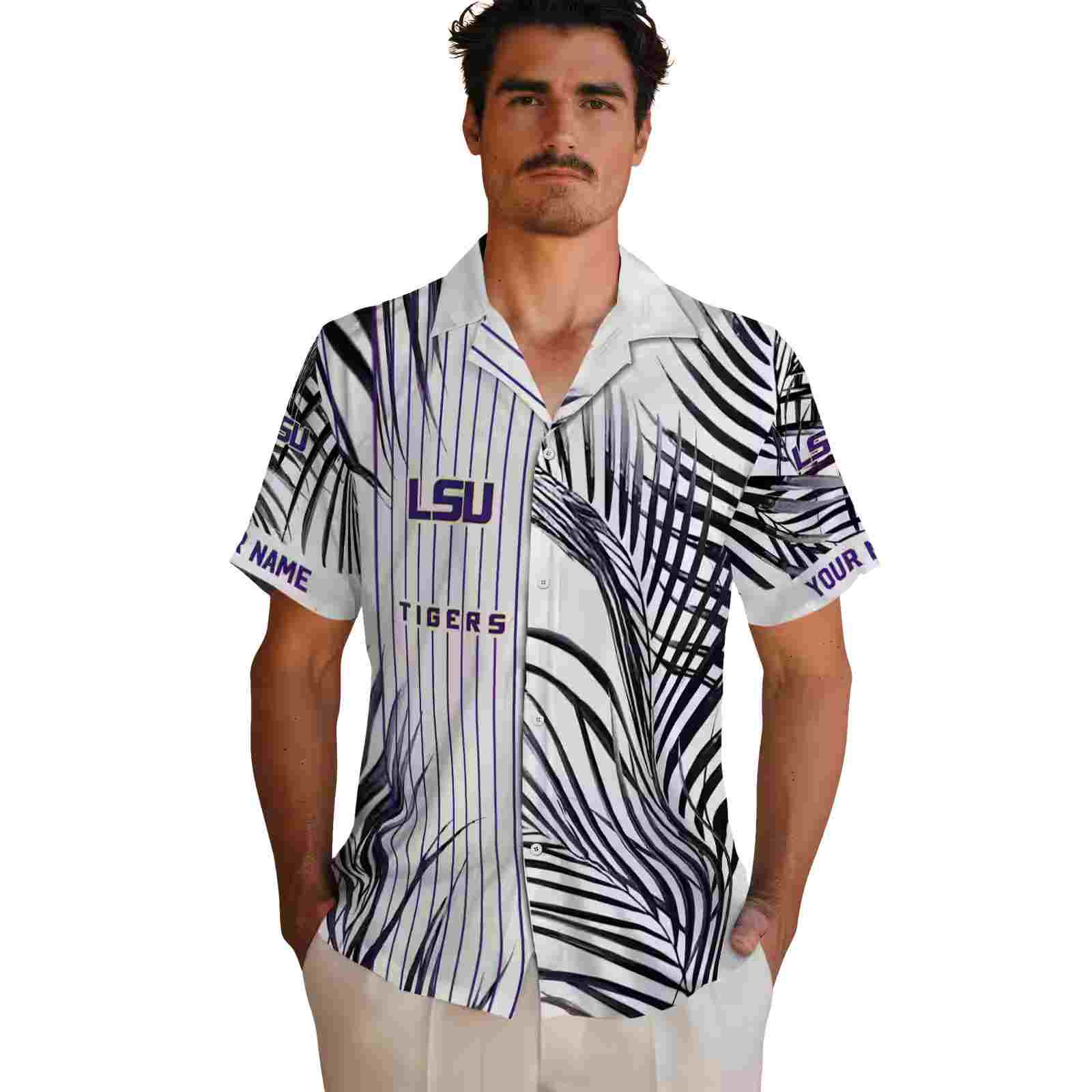 lsu tigers palm stripes purple black white hawaiian shirt fashion forward