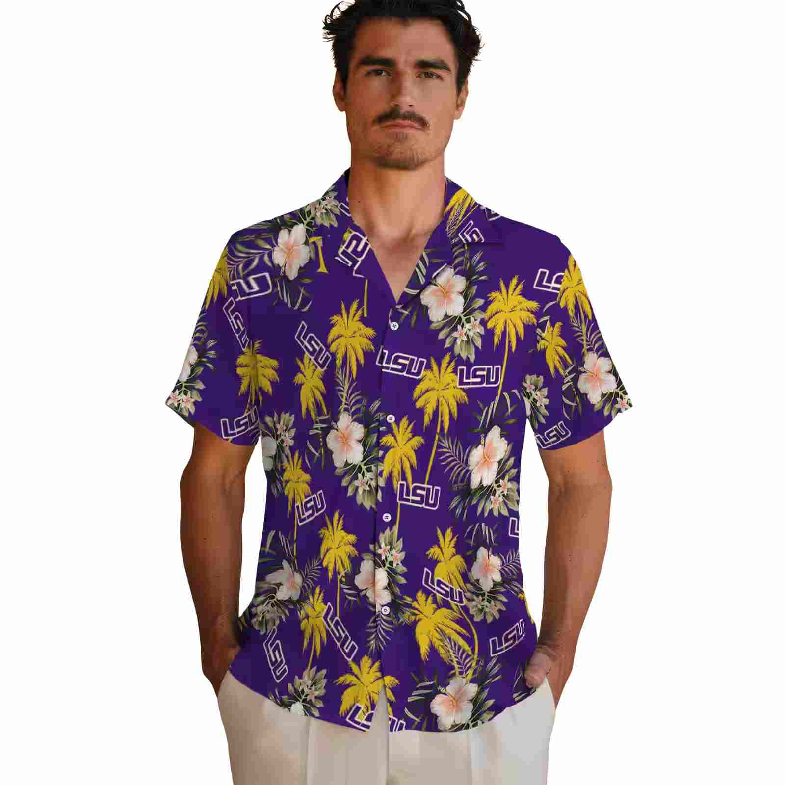 lsu tigers palm tree flower purple hawaiian shirt fashion forward