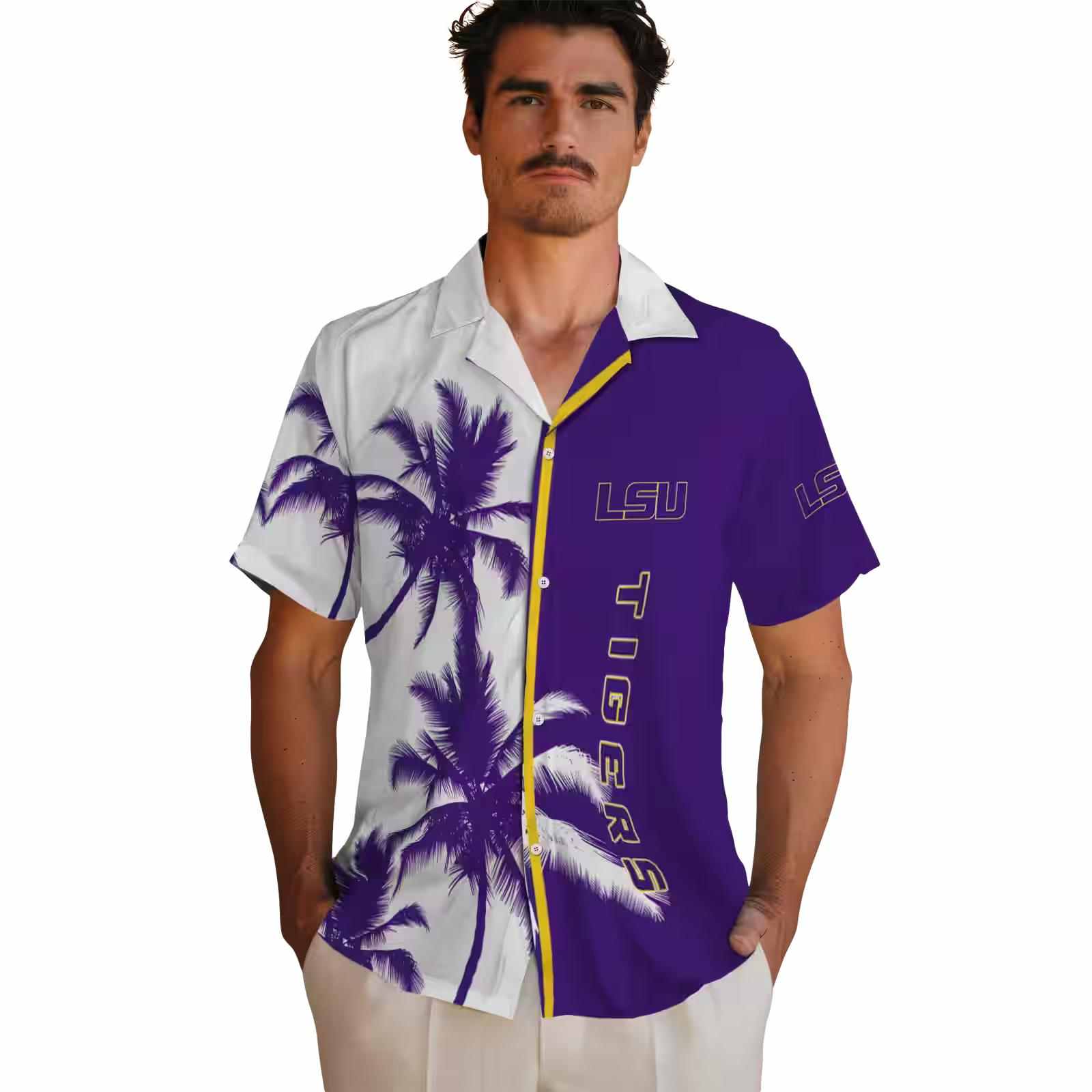 lsu tigers palm trees purple white hawaiian shirt fashion forward