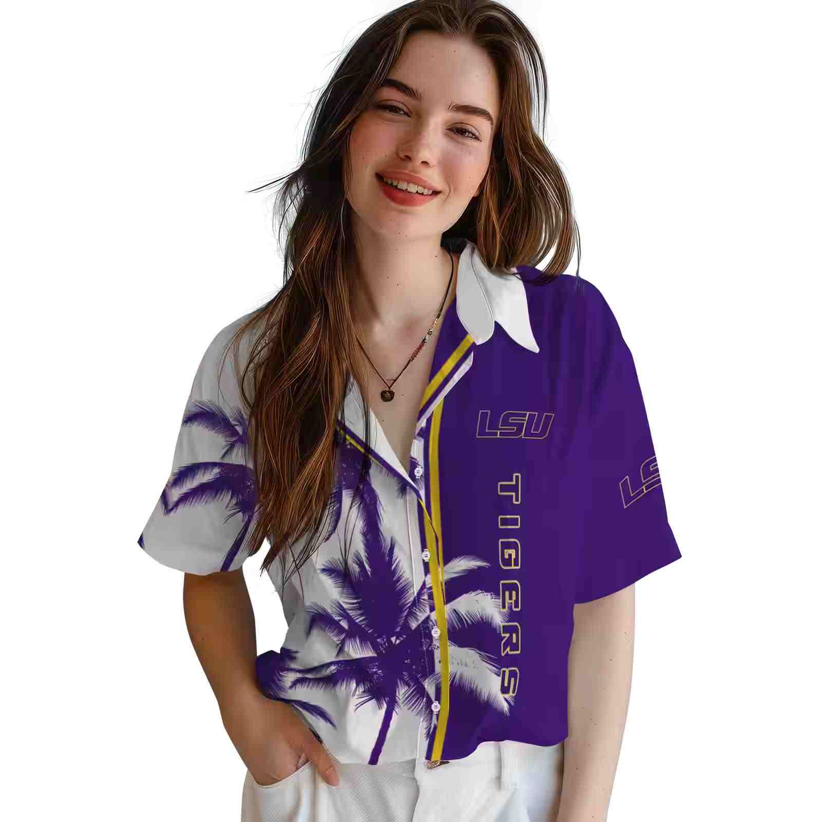 lsu tigers palm trees purple white hawaiian shirt latest model