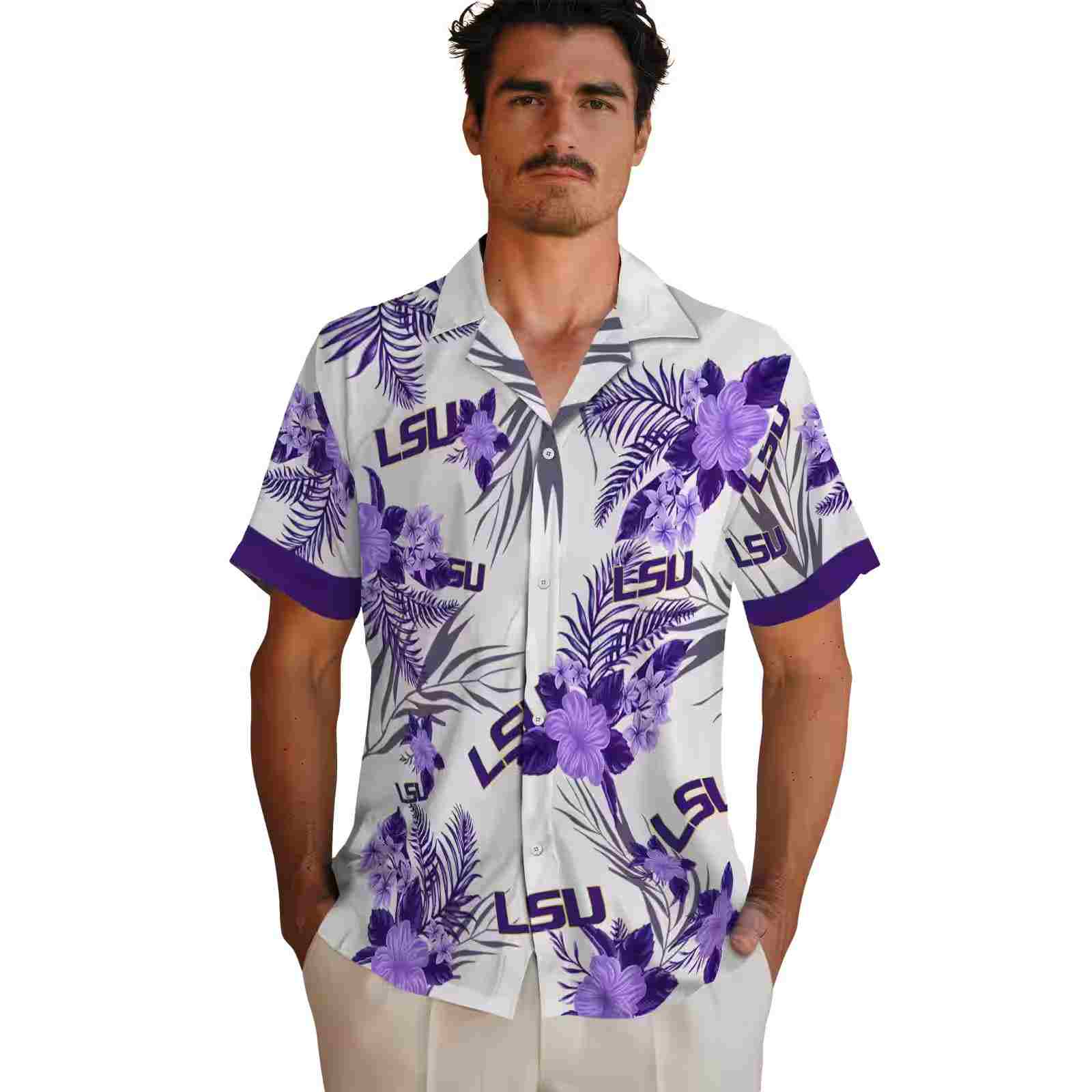 lsu tigers patriotic hibiscus design purple white hawaiian shirt fashion forward