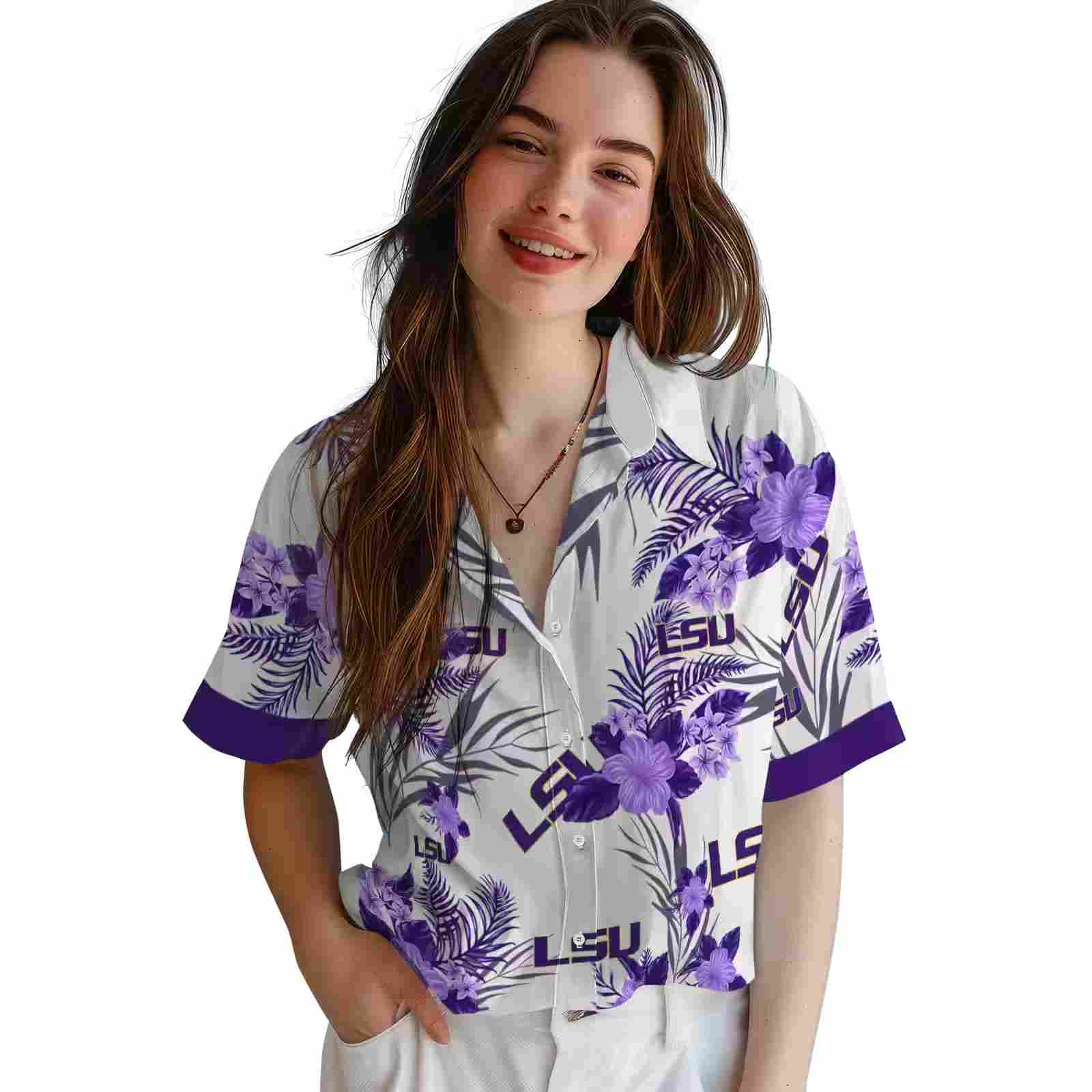 lsu tigers patriotic hibiscus design purple white hawaiian shirt latest model