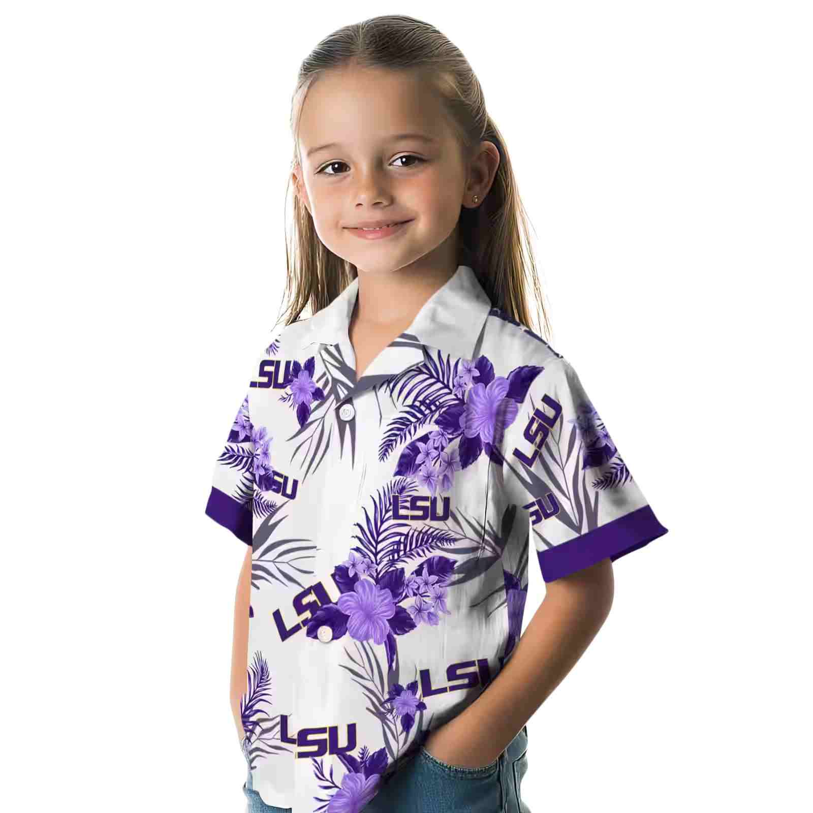 lsu tigers patriotic hibiscus design purple white hawaiian shirt premium grade