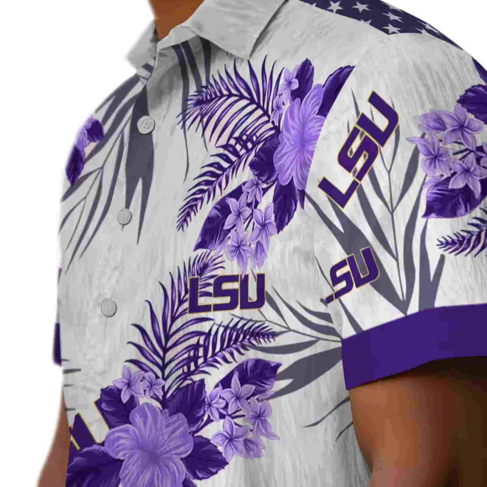 lsu tigers patriotic hibiscus design purple white hawaiian shirt trendy