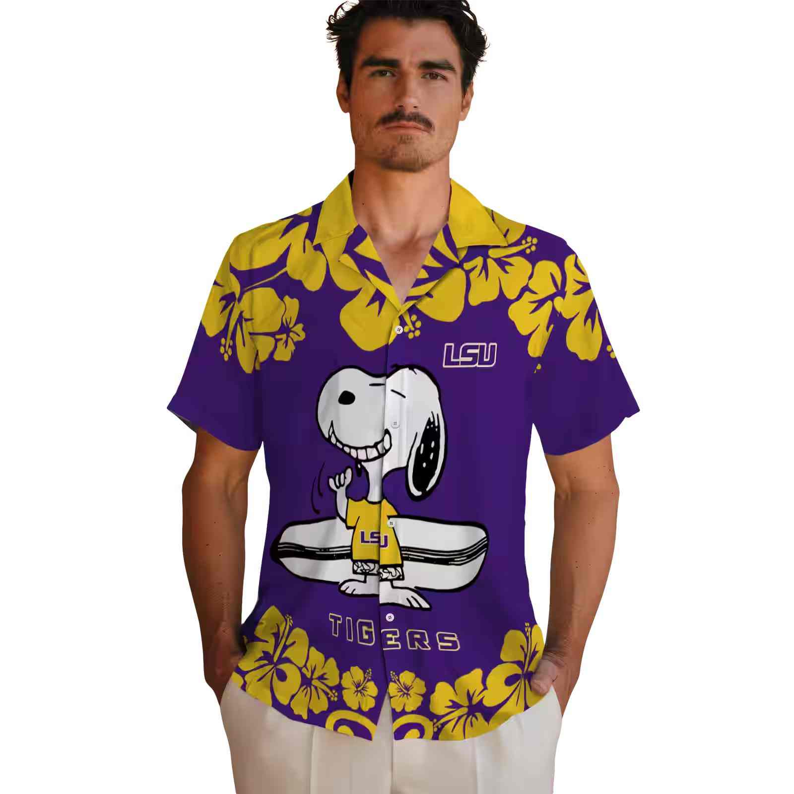 lsu tigers snoopy surf purple white hawaiian shirt fashion forward