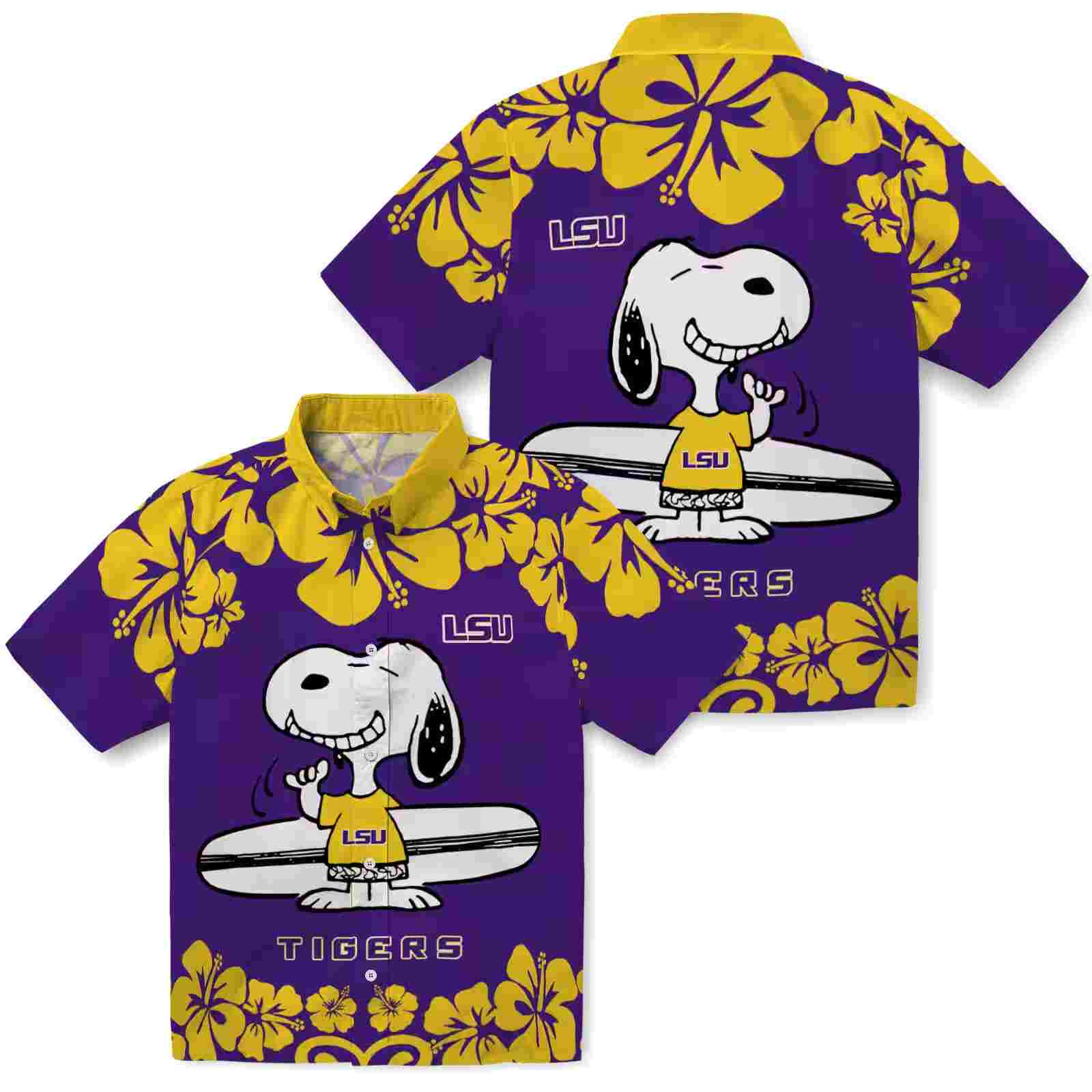 lsu tigers snoopy surf purple white hawaiian shirt high quality