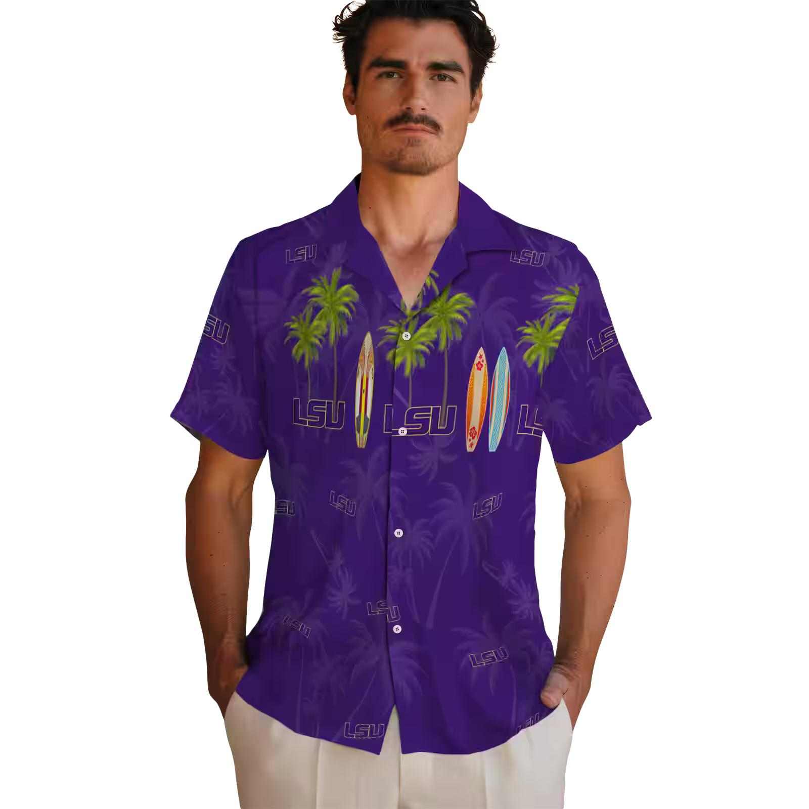 lsu tigers surfboard palm purple hawaiian shirt fashion forward