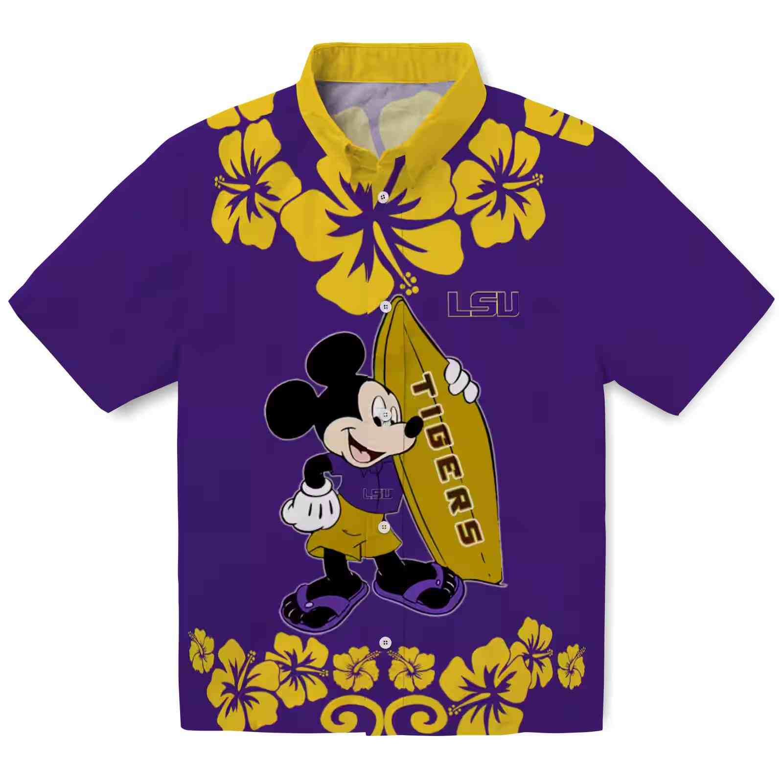 LSU Tigers Surfing Mickey Purple Hawaiian Shirt