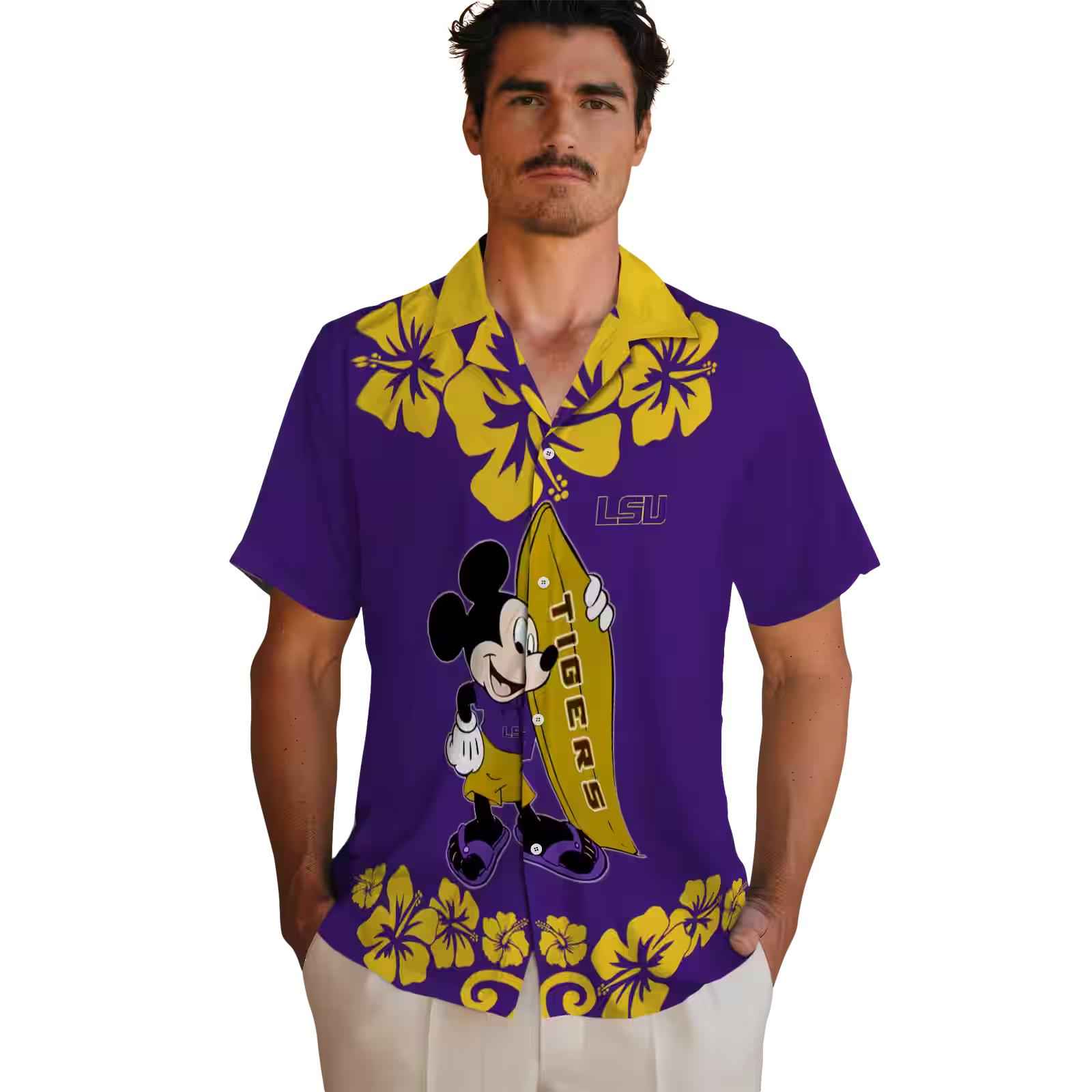 lsu tigers surfing mickey purple hawaiian shirt fashion forward