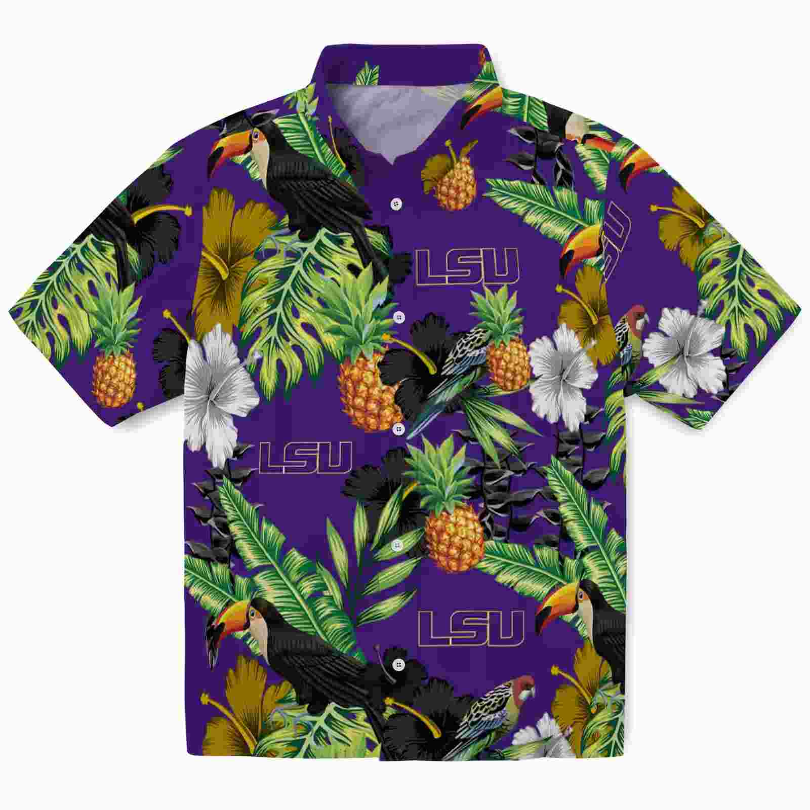 LSU Tigers Toucan Hibiscus Pineapple Purple Green Hawaiian Shirt