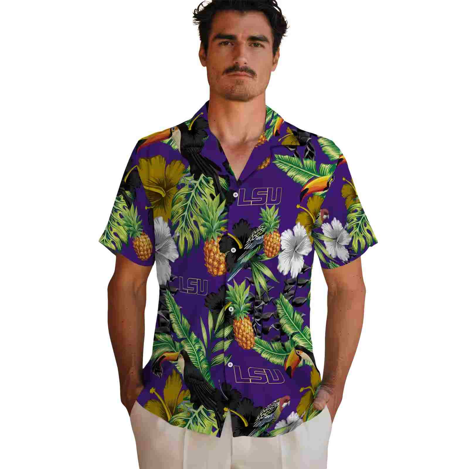 lsu tigers toucan hibiscus pineapple purple green hawaiian shirt fashion forward