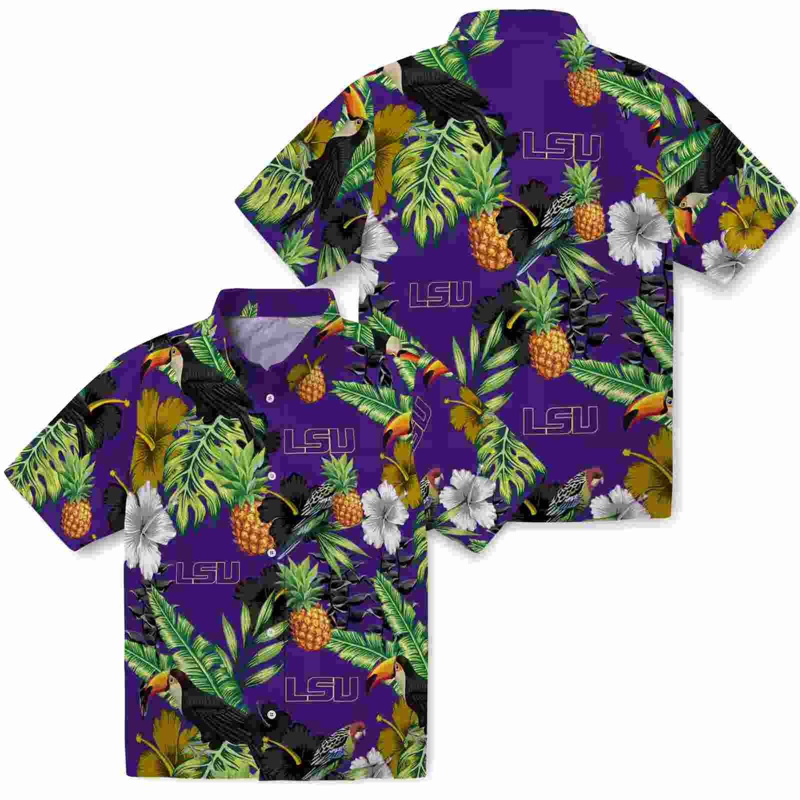 lsu tigers toucan hibiscus pineapple purple green hawaiian shirt high quality