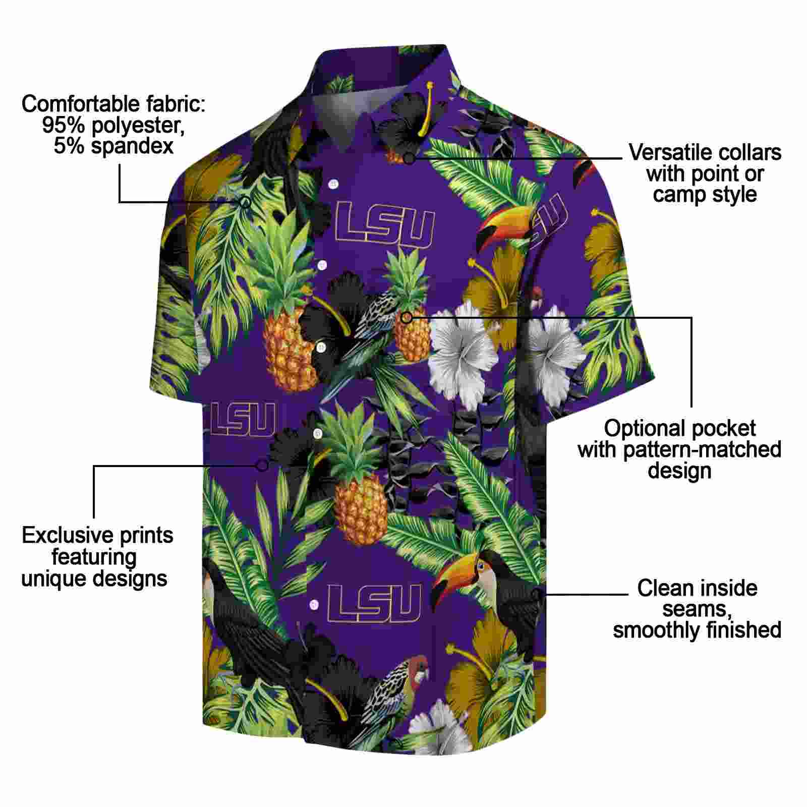 lsu tigers toucan hibiscus pineapple purple green hawaiian shirt new arrival