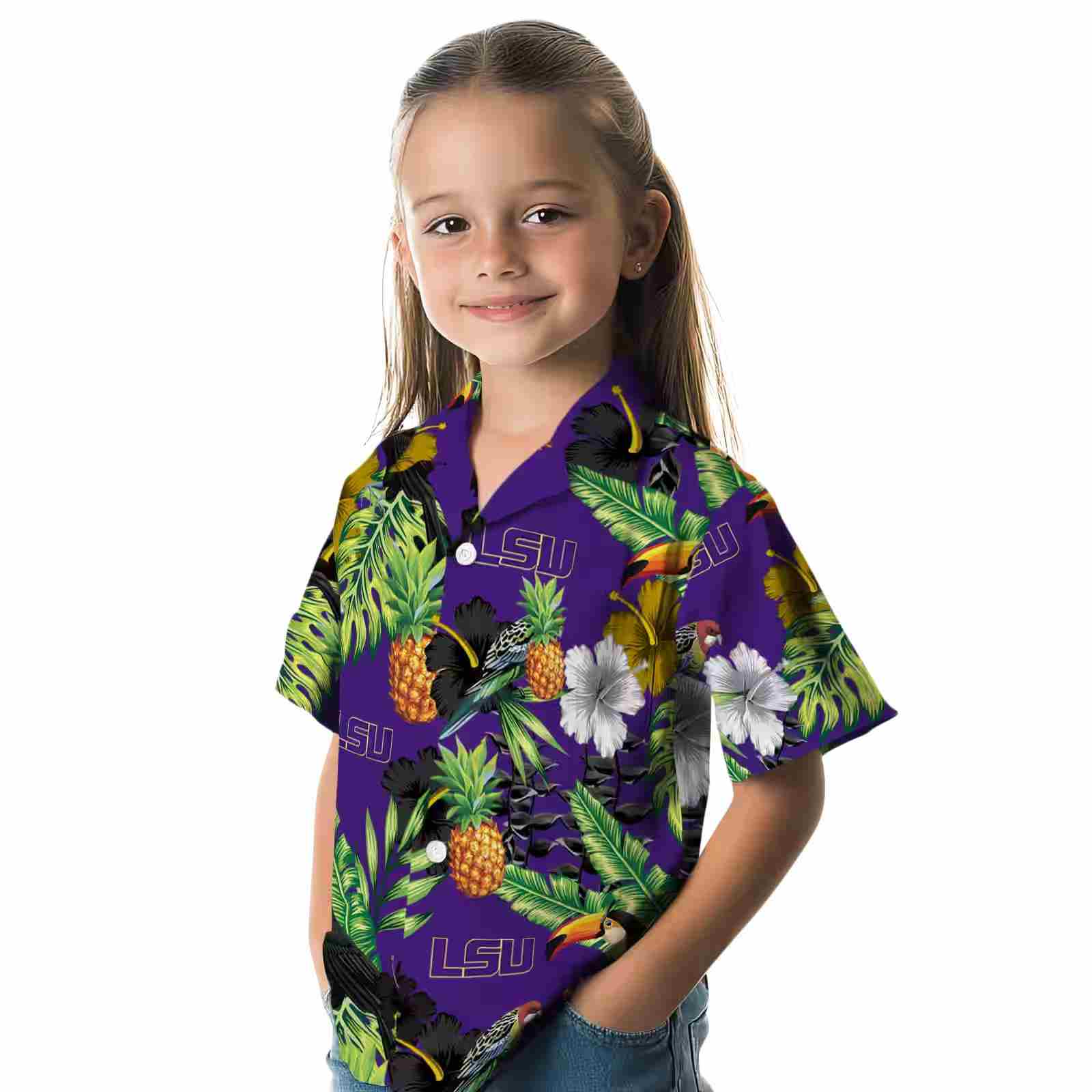 lsu tigers toucan hibiscus pineapple purple green hawaiian shirt premium grade