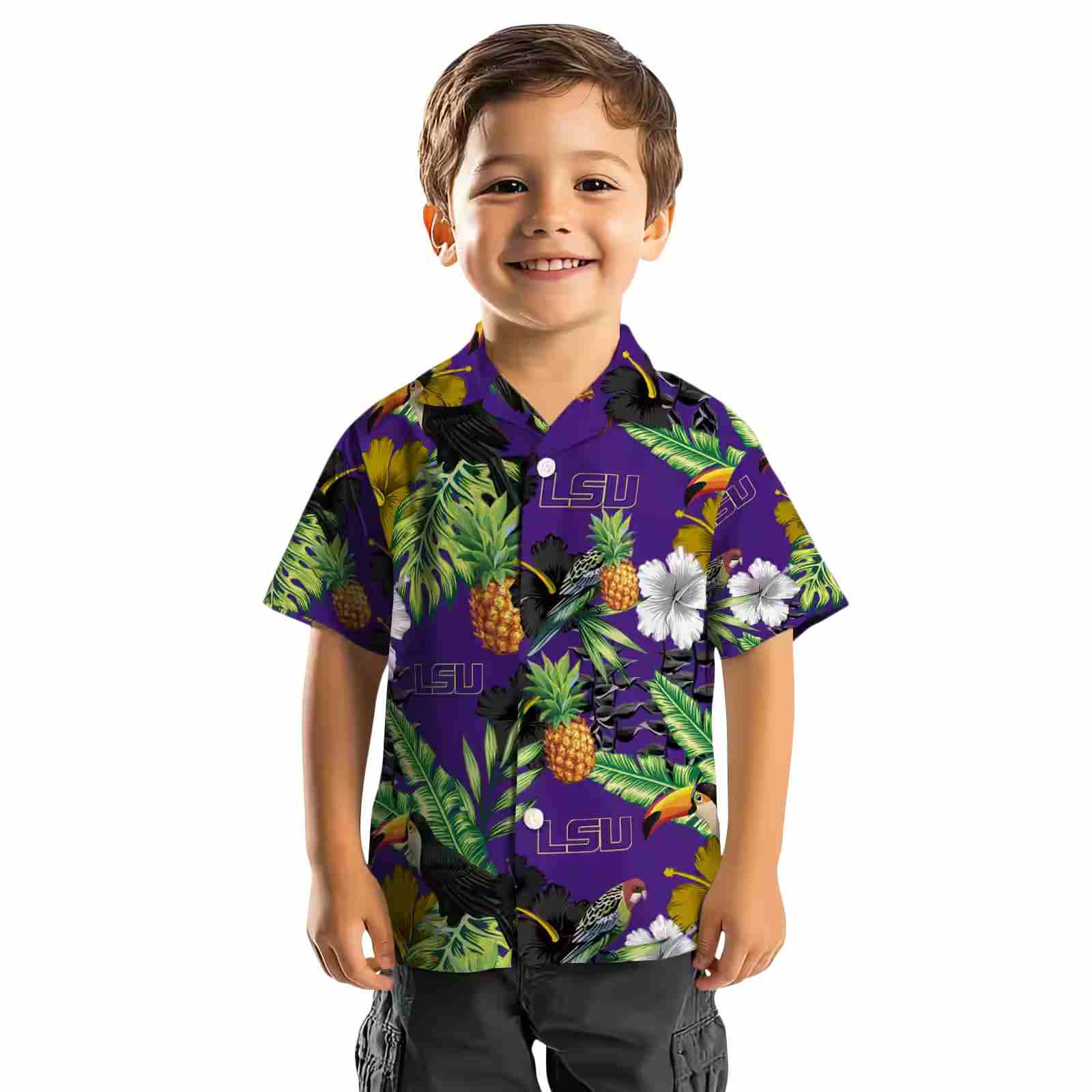 lsu tigers toucan hibiscus pineapple purple green hawaiian shirt top rated