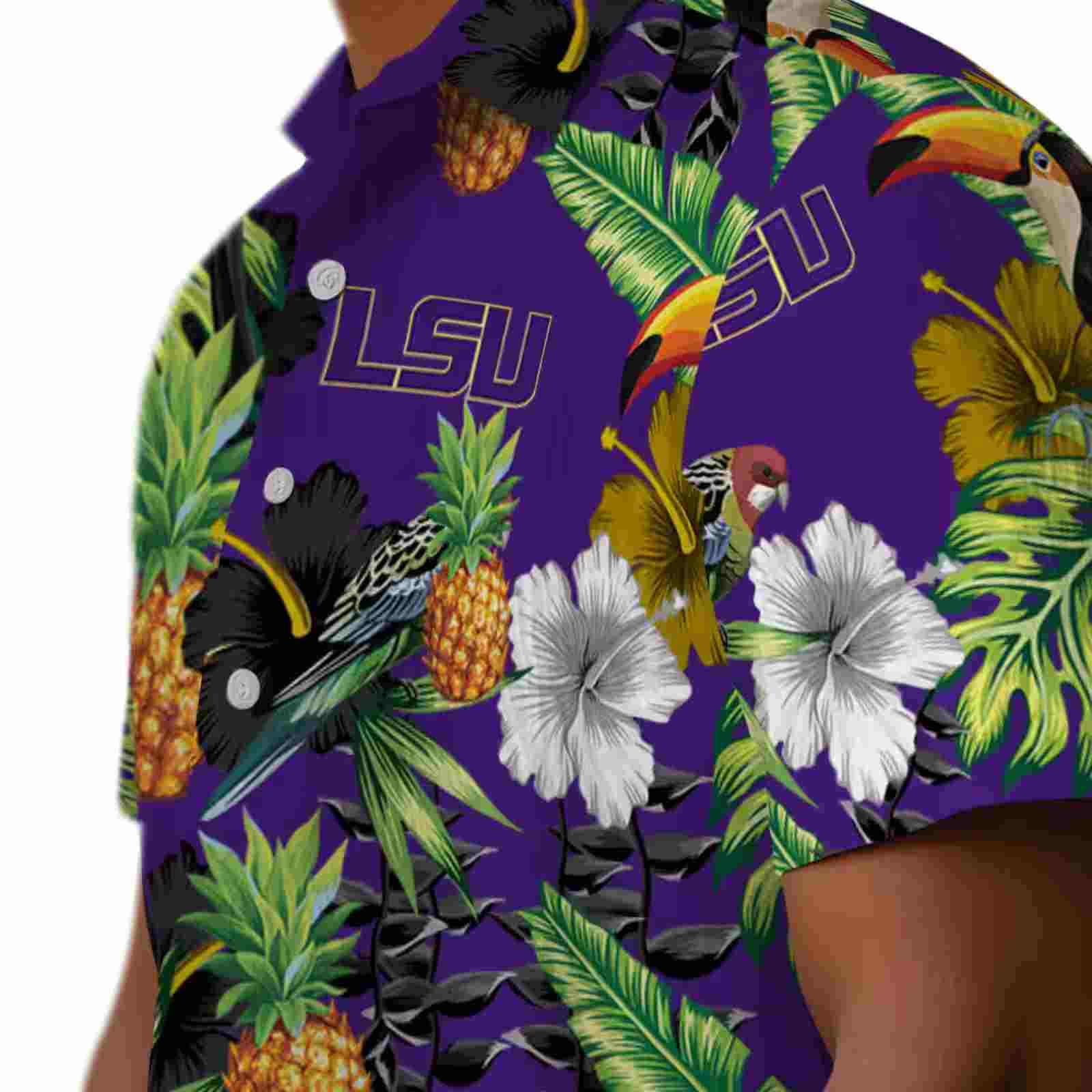 lsu tigers toucan hibiscus pineapple purple green hawaiian shirt trendy