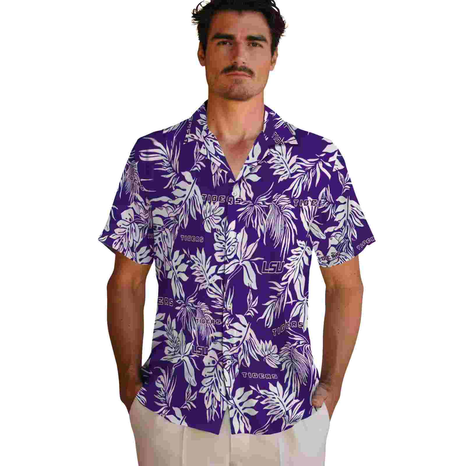 lsu tigers tropical leaf purple white hawaiian shirt fashion forward