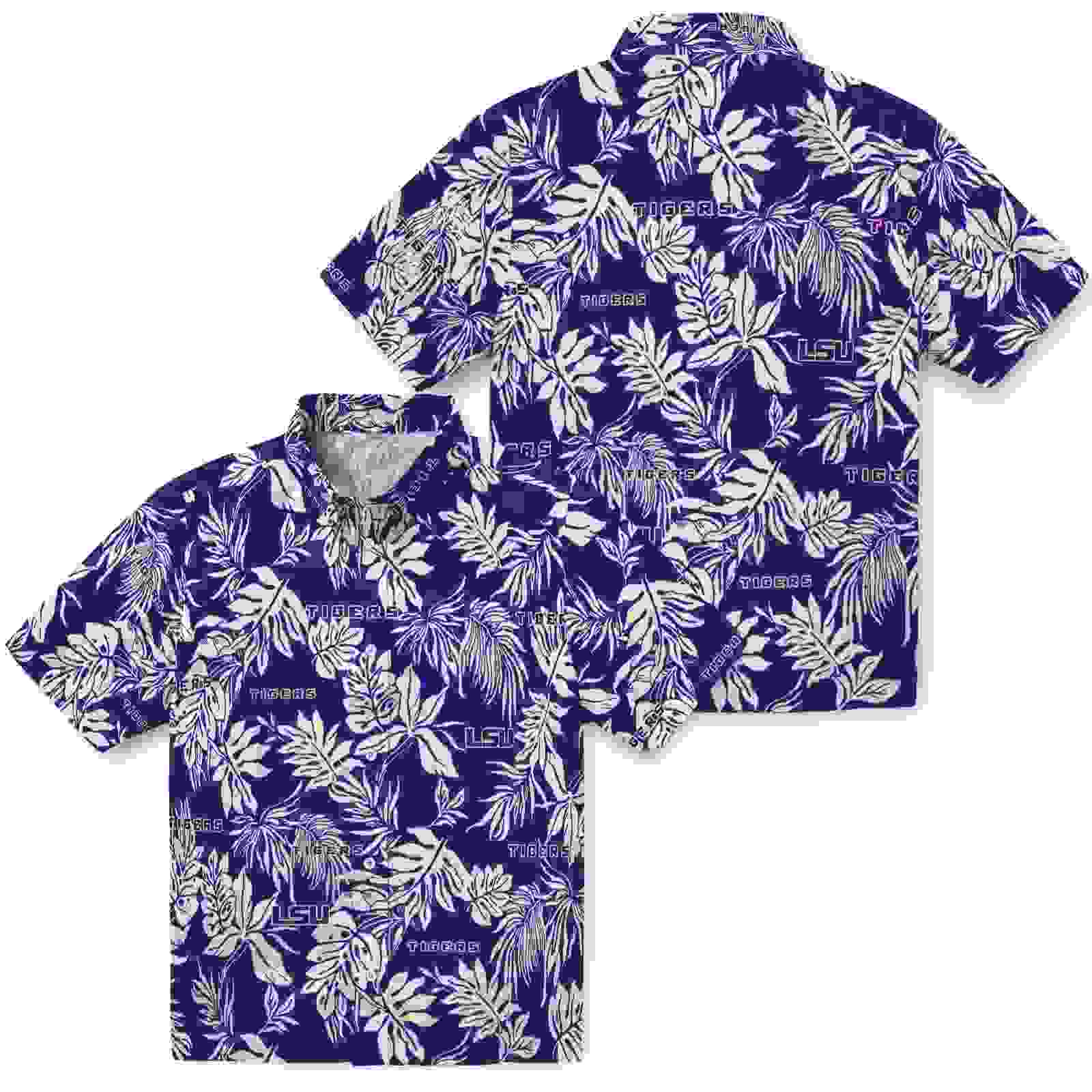 lsu tigers tropical leaf purple white hawaiian shirt high quality