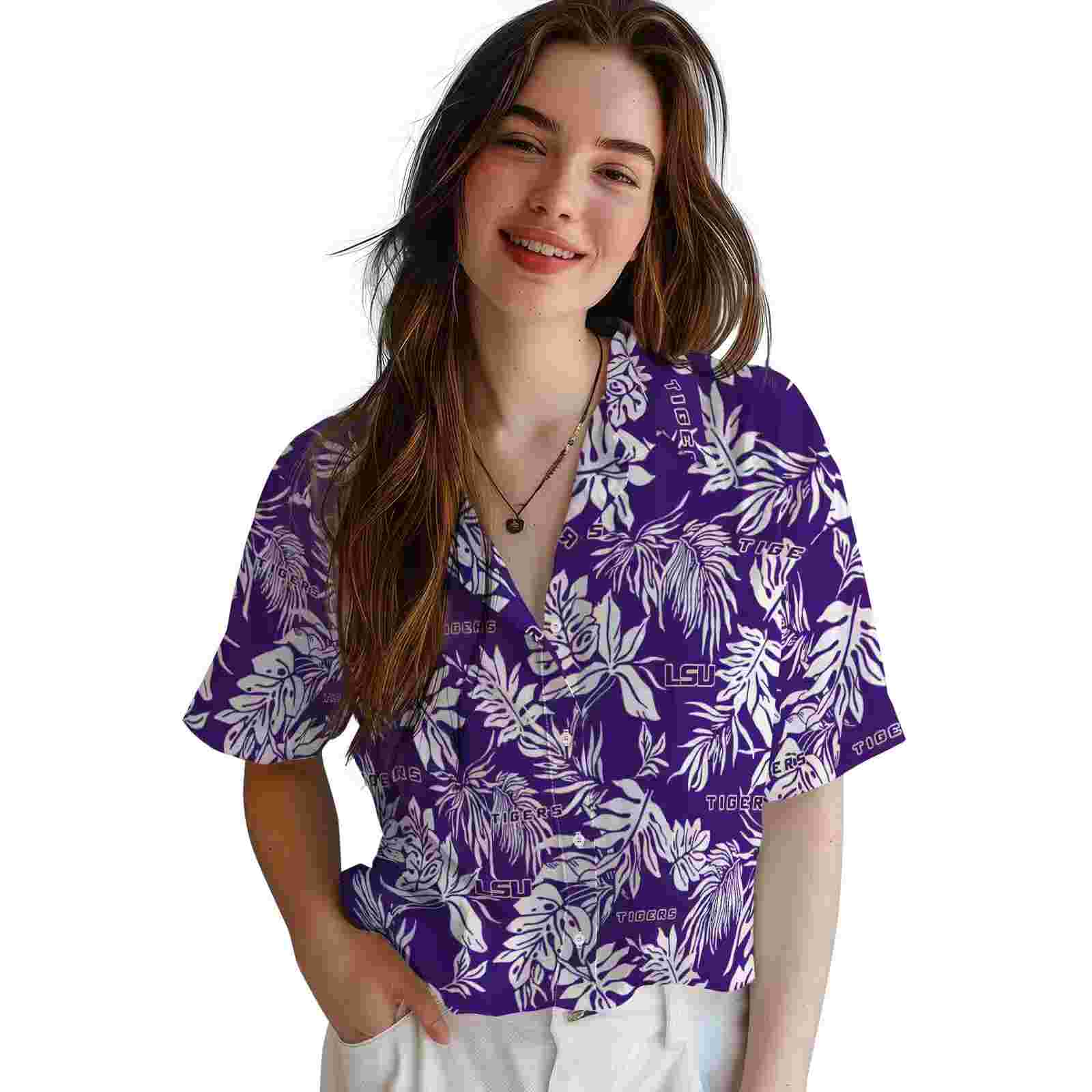 lsu tigers tropical leaf purple white hawaiian shirt latest model