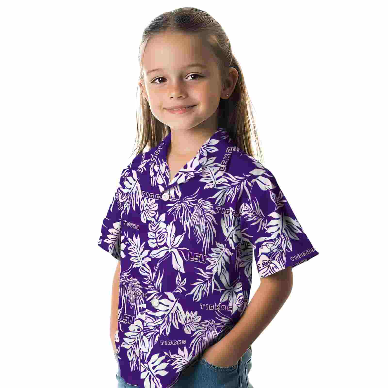 lsu tigers tropical leaf purple white hawaiian shirt premium grade