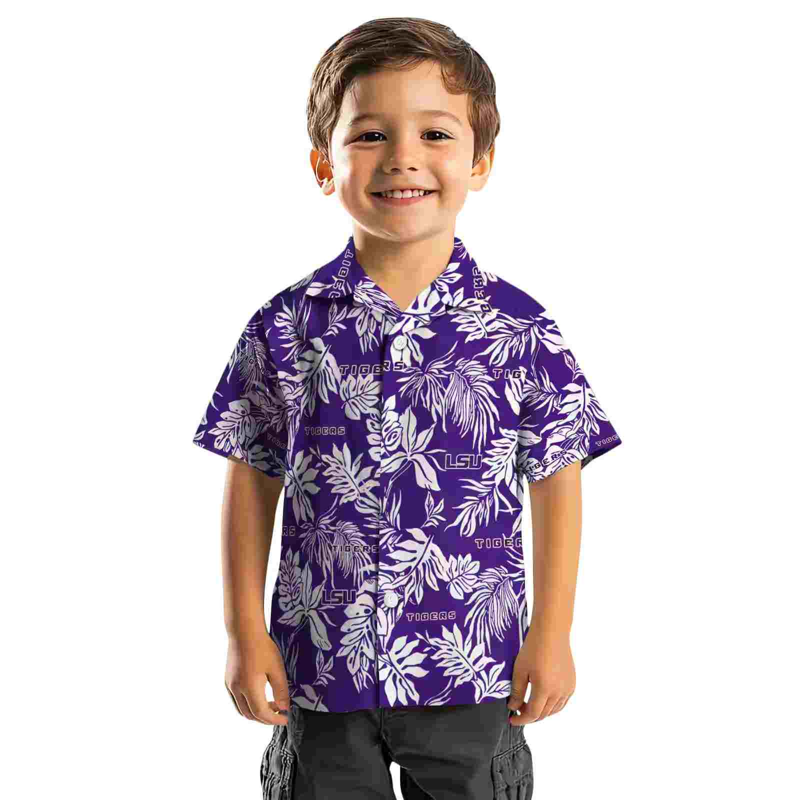 lsu tigers tropical leaf purple white hawaiian shirt top rated