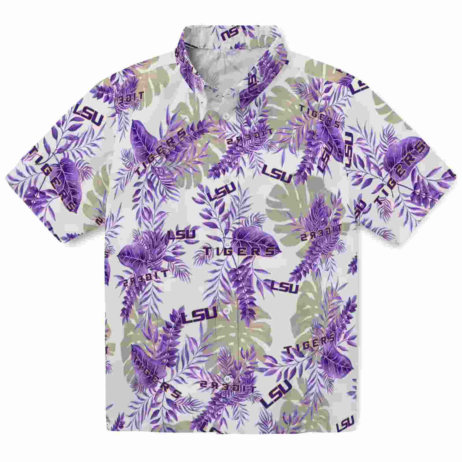 LSU Tigers Tropical Leaves White Hawaiian Shirt