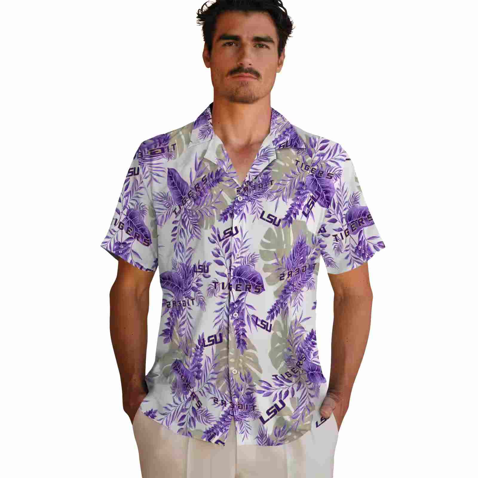 lsu tigers tropical leaves white hawaiian shirt fashion forward