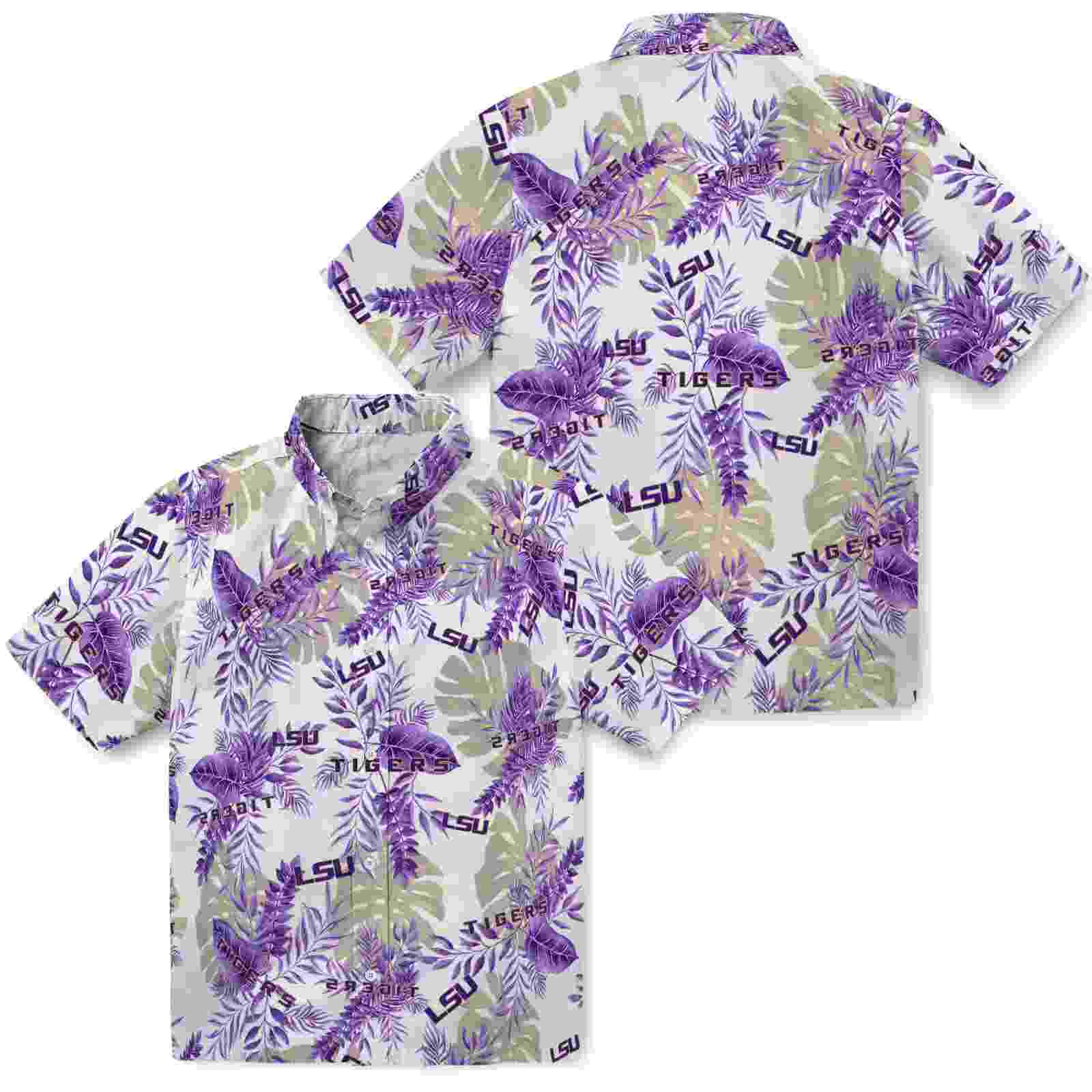 lsu tigers tropical leaves white hawaiian shirt high quality