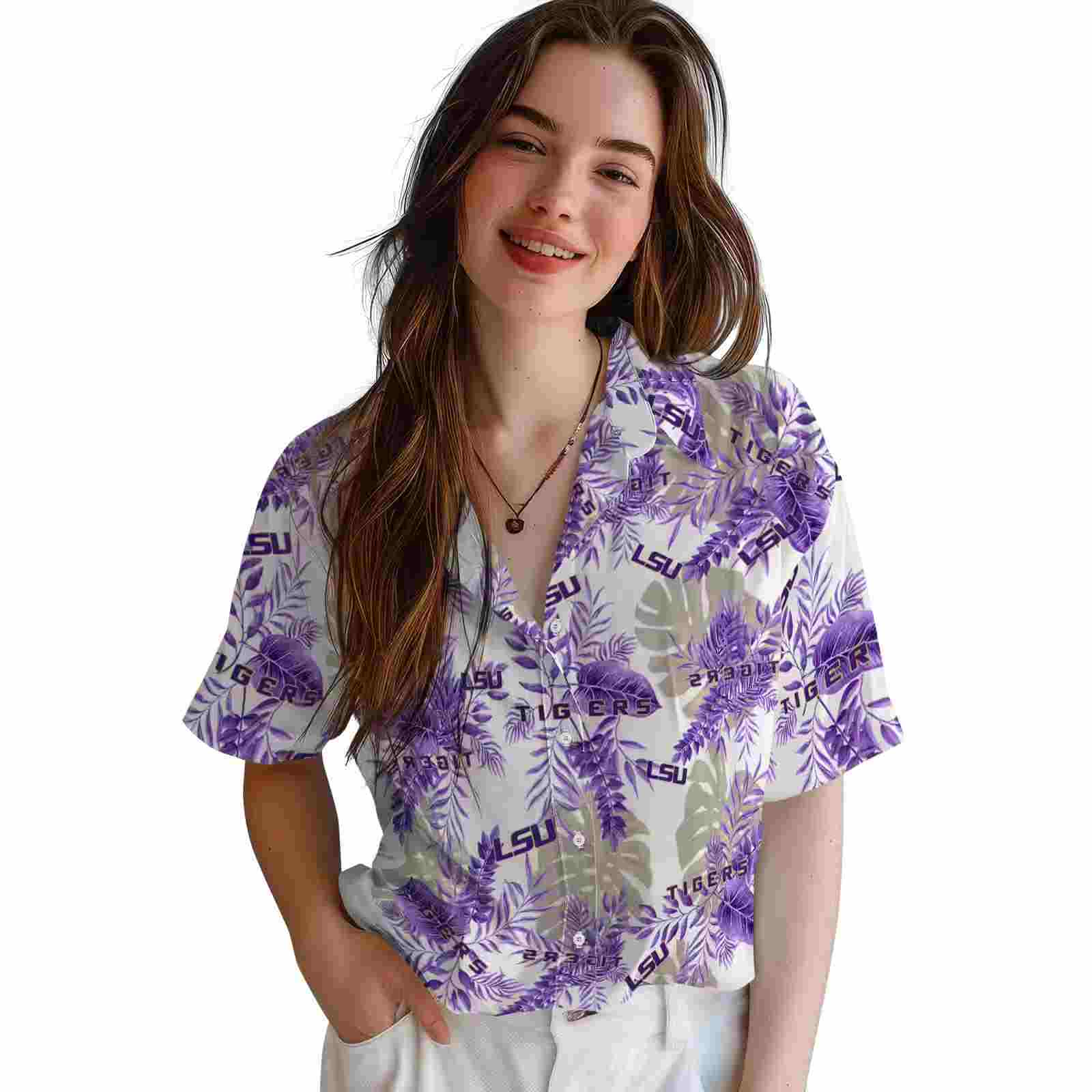 lsu tigers tropical leaves white hawaiian shirt latest model