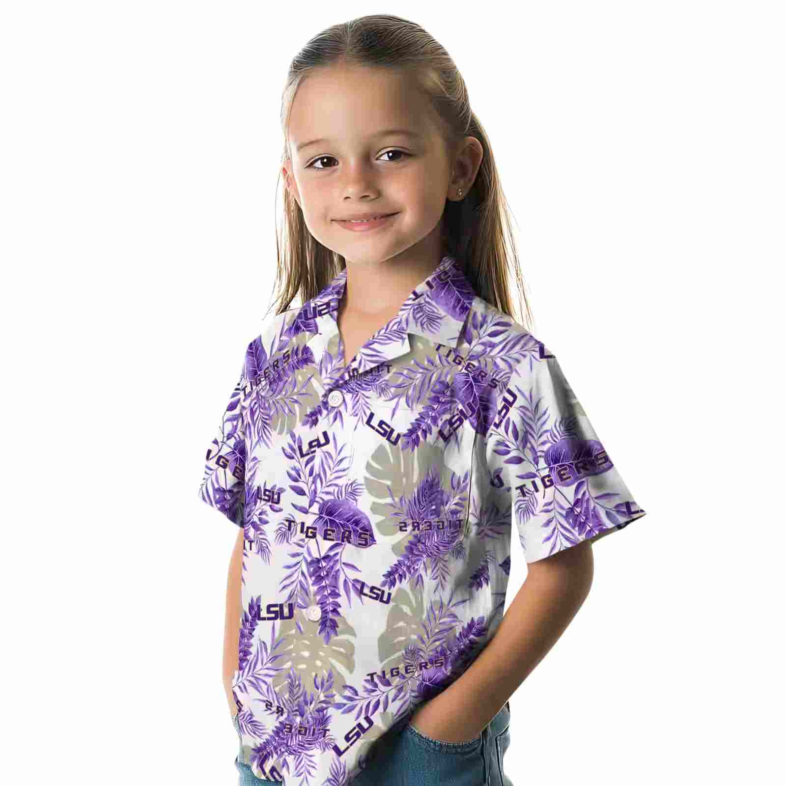 lsu tigers tropical leaves white hawaiian shirt premium grade